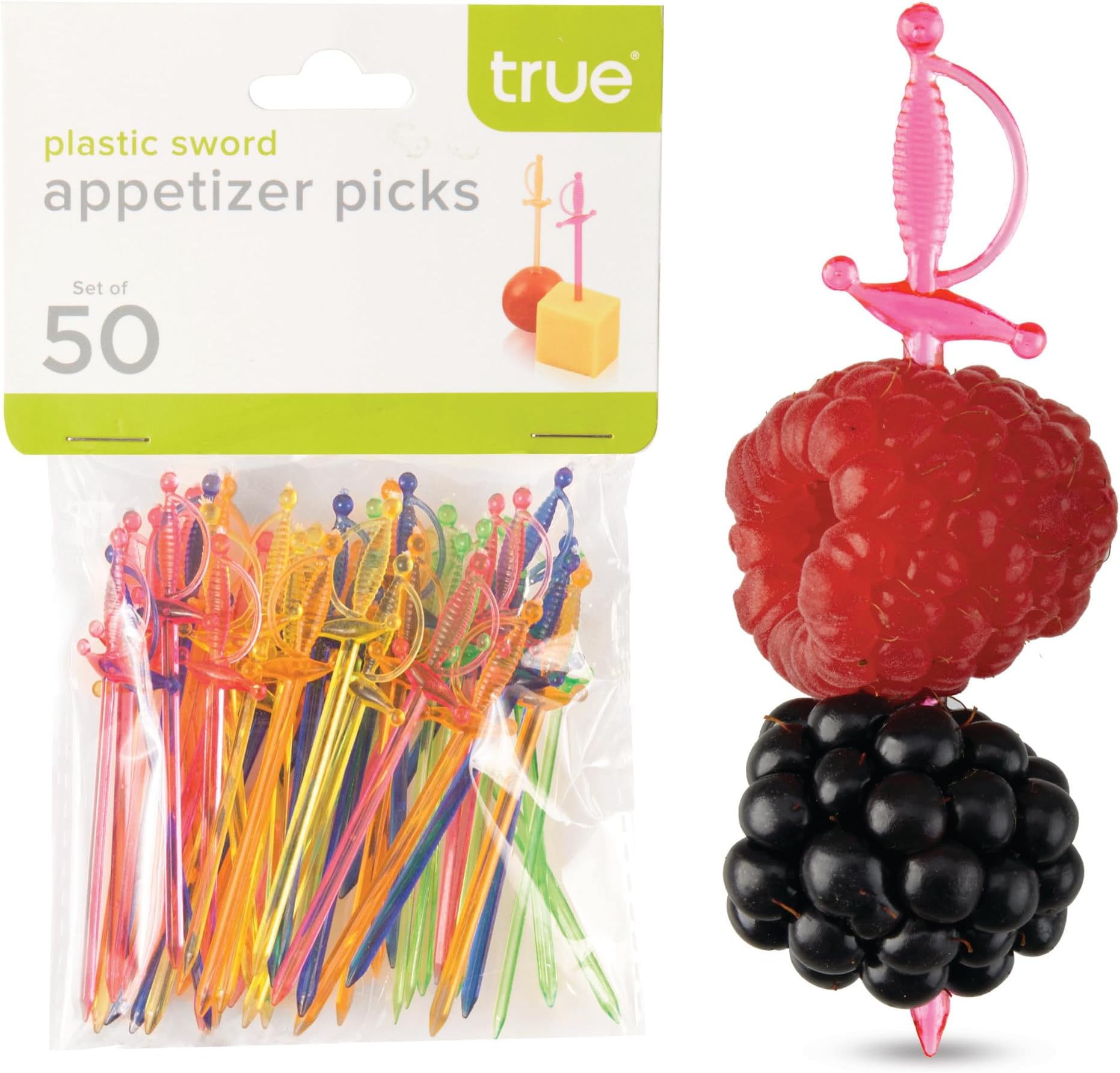 Spear Appetizer Picks, Mini Sword Toothpicks Plastic, Cocktail Swords Skewers for Drinks, Desserts Birthday Party Supplies, Set of 50, Multicolor