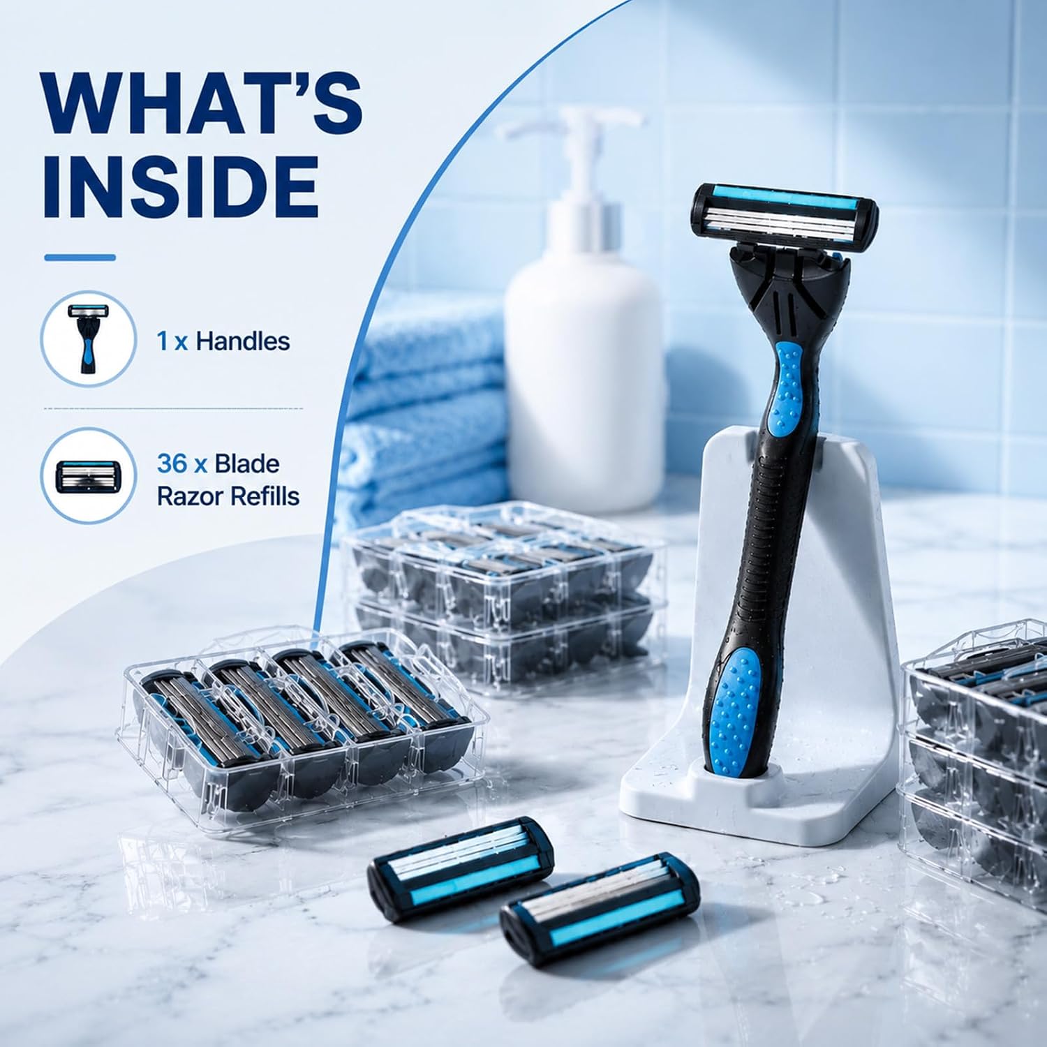 37 Pcs Refillable Men's Disposable Razors Set 3-blade Shaving Razors Refills Set Shaving Kit Gift for Men for Face, Body, Beard, Sensitive Skin, 1 Handle and 36 Cartridge