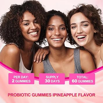 Feminine Probiotics Gummies, Slippery Elm for Women, Vaginal Health Supplement for pH Balance, Odor Control, Yeast Balance, Flora Immune Support, Suagr-Free, Veagn, Pineapple Flavor, 60 Count