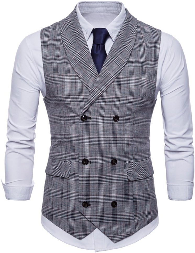 Men Plaid Double Breasted Gentleman Business Wedding Smart Lapel Vest Waistcoat Grey