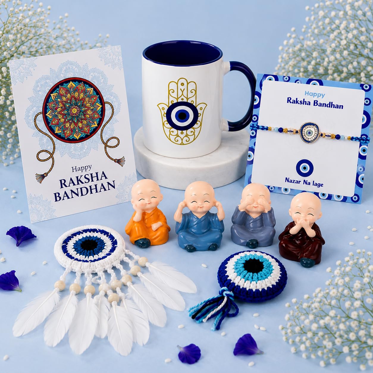 THE LOONY BOX Evil Eye Rakhi Gift Hamper | Premium Rakhi Gift Combo | Raksha Bandhan Gift Hamper for Brother with Rakhi, Mug, Dream Catcher, Evil Eye Hanging, 4 Monk Set & Greeting Card-image-21