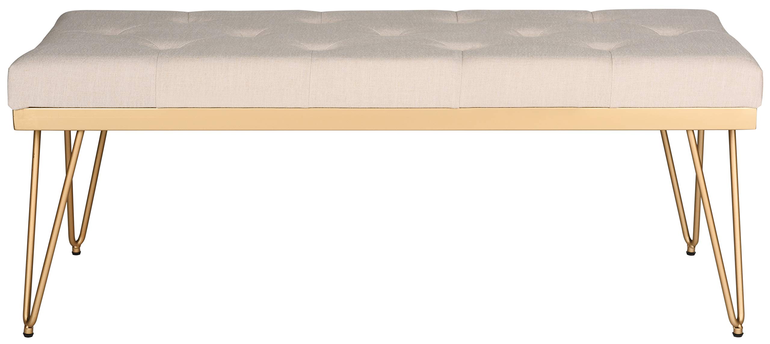 SAFAVIEH Home Collection – Marcella Beige Tufted Upholstered Accent Bench, Modern Minimalist Linen Bench with Brass Gold Hairpin Legs for Bedroom,