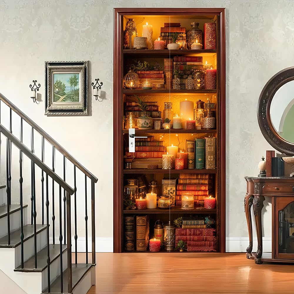 Vintage Library Bookshelf Door Mural Peel and Stick - Antique Books and Warm Candles Design, Decorative Self-Adhesive Door Decals for Study & Home Office, 30.31 x 78.74 Inch