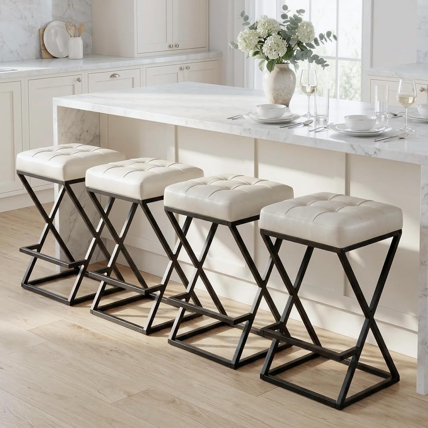 26" Bar Stools Set of 4, Counter Height Backless Bar Stools with Upholstered Leather Seat, X-Frame Metal Stability with Footrest for Kitchen Islands Cream White