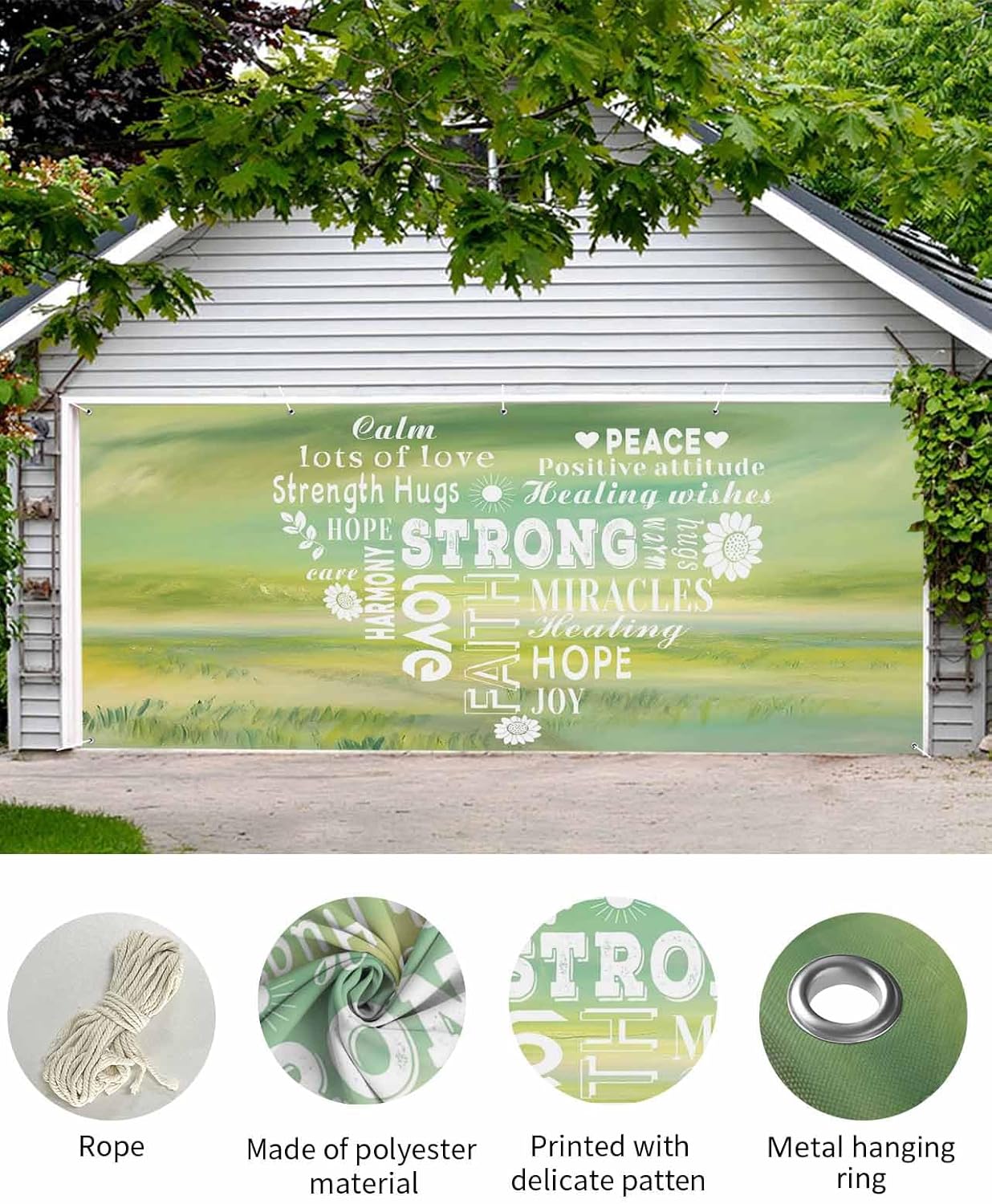 Love Peace Text Garage Door Cover Banner 7 x 8 FT, Green Inspirational Quotes Sunflowers Garage Door Curtains Backdrop with Grommets for Indoor Outdoor Wall Party Porch Yard Decorations Background