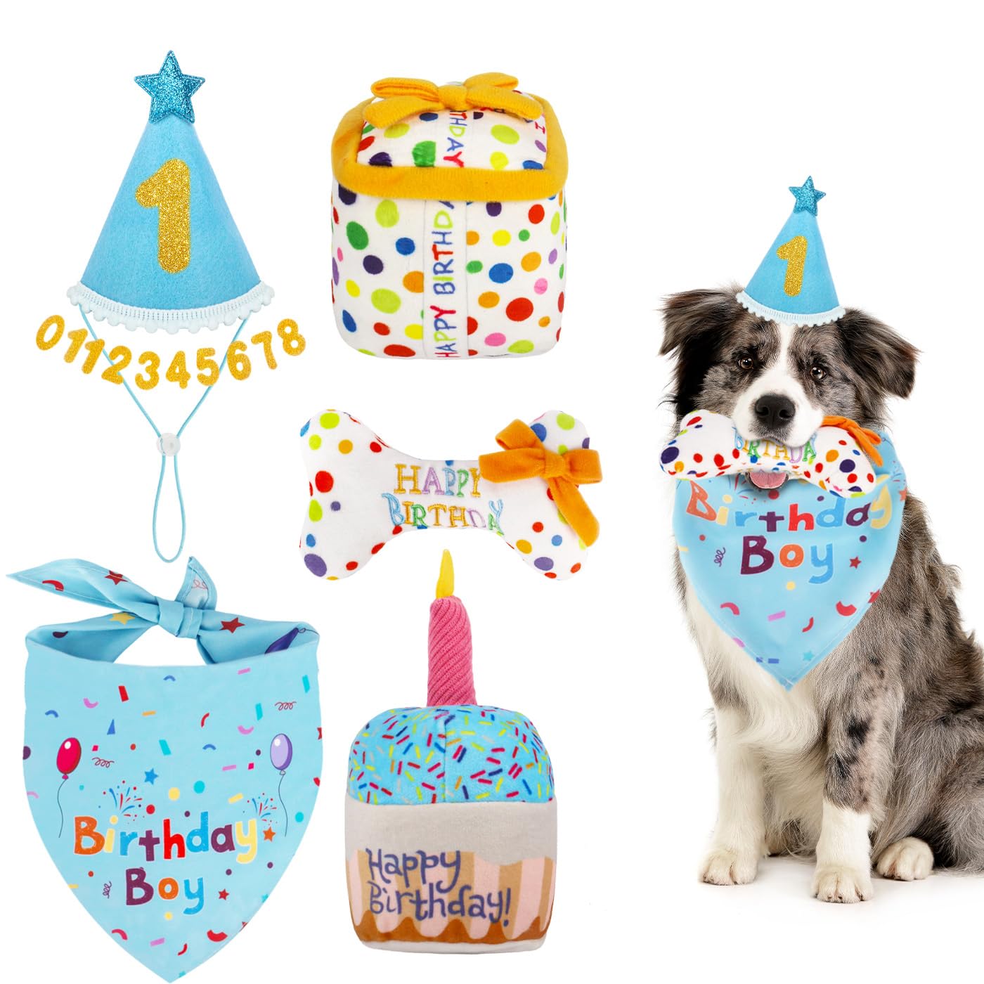 Wznnlt Dog Birthday Present Toy with Dog Birthday Cake, Bone, Gift Box, Hat & Bandana for Puppy Party Decorations