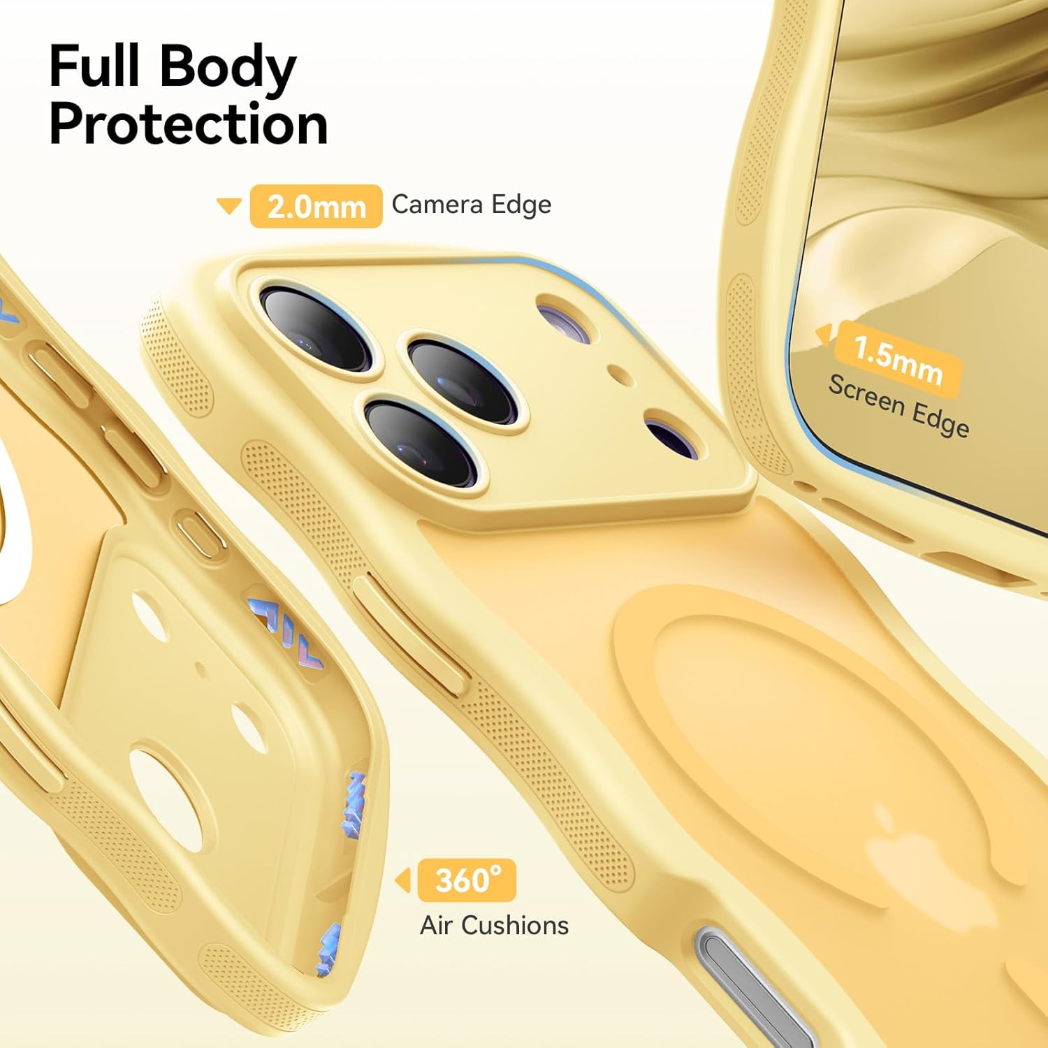 Magnetic for iPhone 17 Pro Case, 1X Screen Protector +1X Wrist Strap, Cute Wavy [Compatible with MagSafe] [Full Camera Protection] Trendy Matte Women Girly Phone Case for iPhone 17 Pro 6.3", Yellow