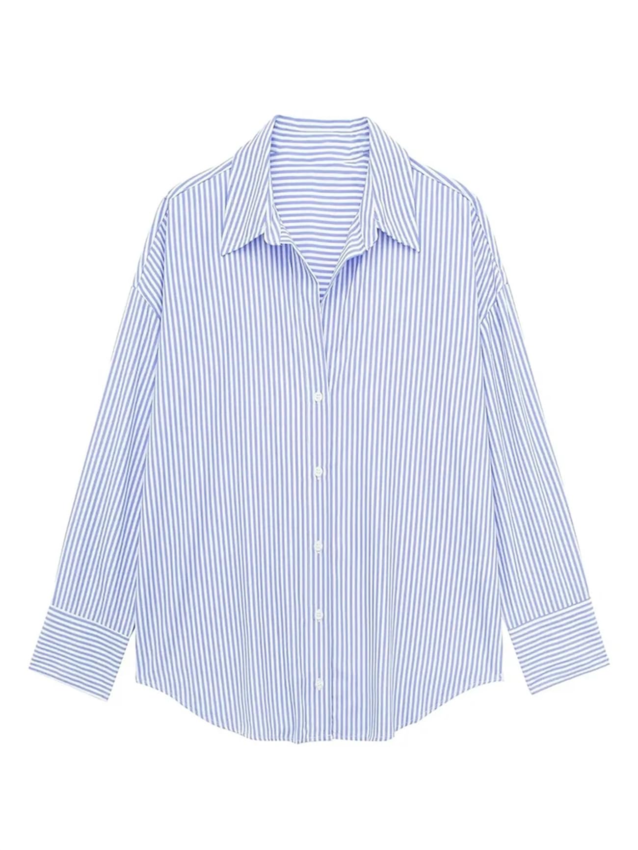 Blusa vintage de manga larga para mujer, de gran tamaño, con estampado a rayas, cuello en V