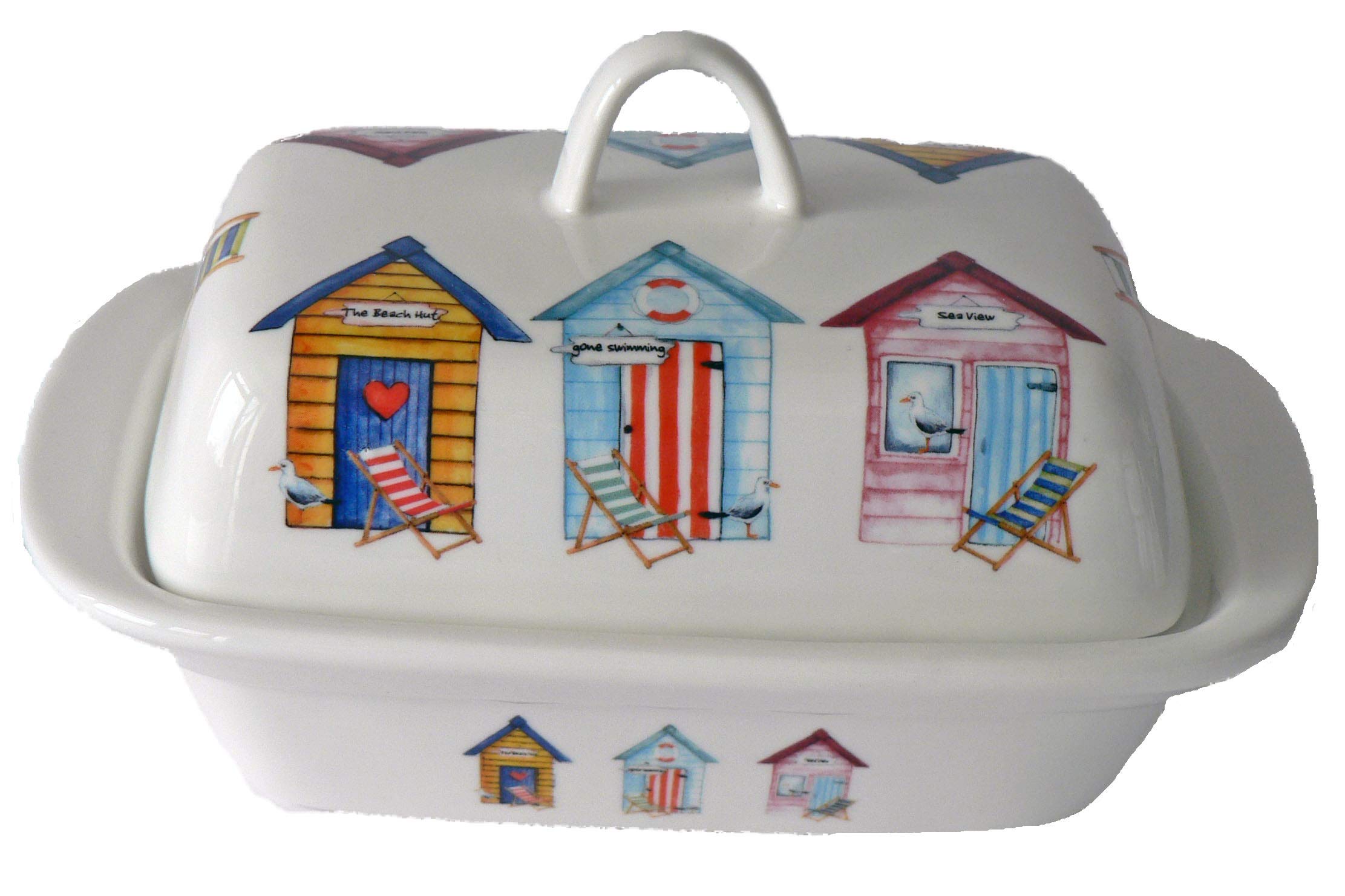 crackinchina Beach hut pattern butter dish - Fun beach hut pattern on white porcelain butter dish decorated on lid and sides