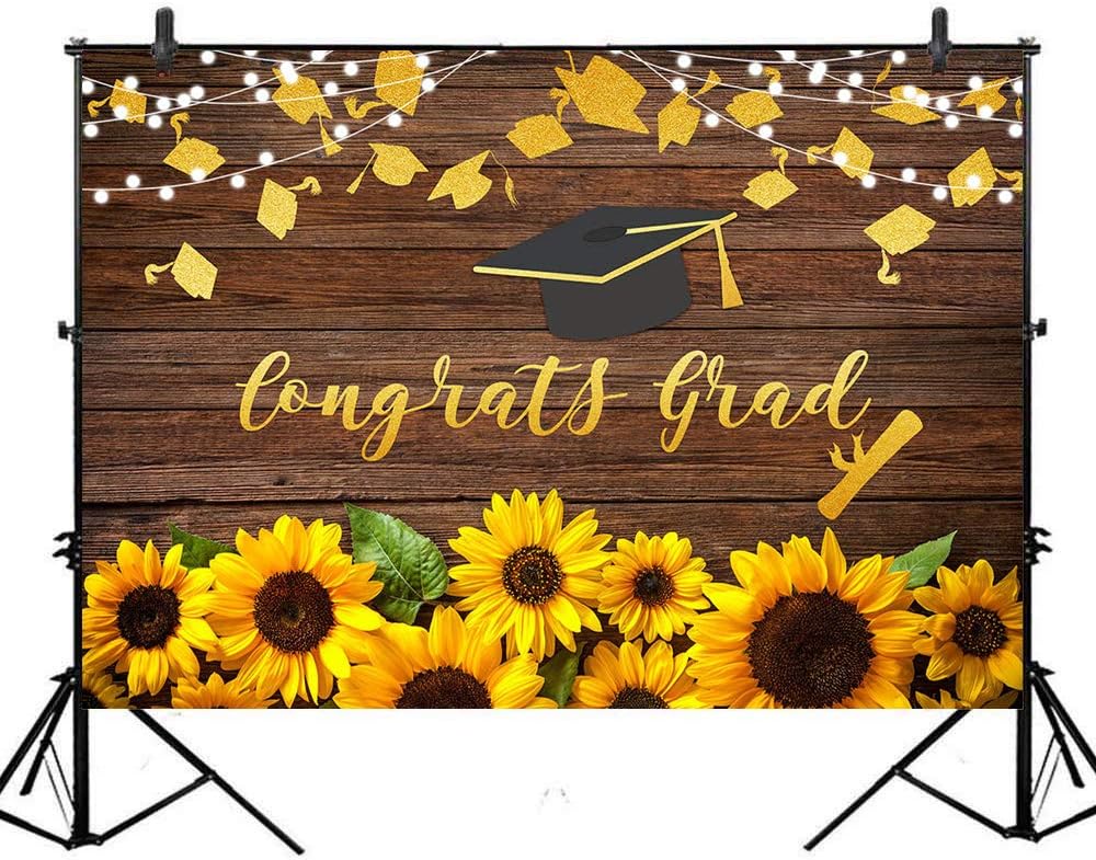 Avezano 8x6ft Graduation Party Backdrop Sunflower Rustic Congrats Class of 2021 Prom Background Gold Grad Cap Selfie Photo Backdrops Photo Studio Props