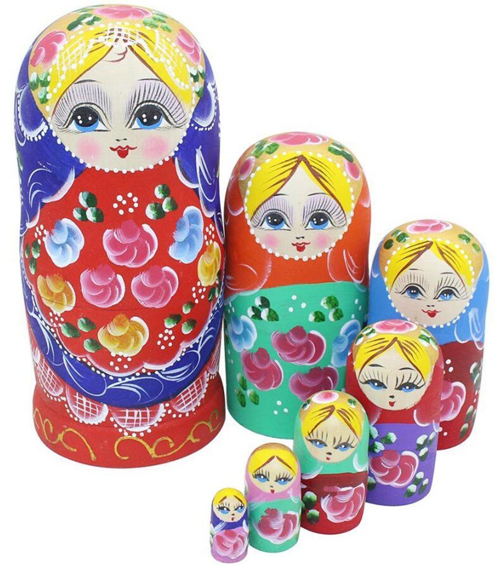 Set 7 Stück ländlicher Stil blondes Mädchen Blume mehrfarbig traditionelle russische Nesting Puppen handgefertigt Matrjoschka Puppe Holz Stapelspielzeug Kinder Spielzeug Geschenk