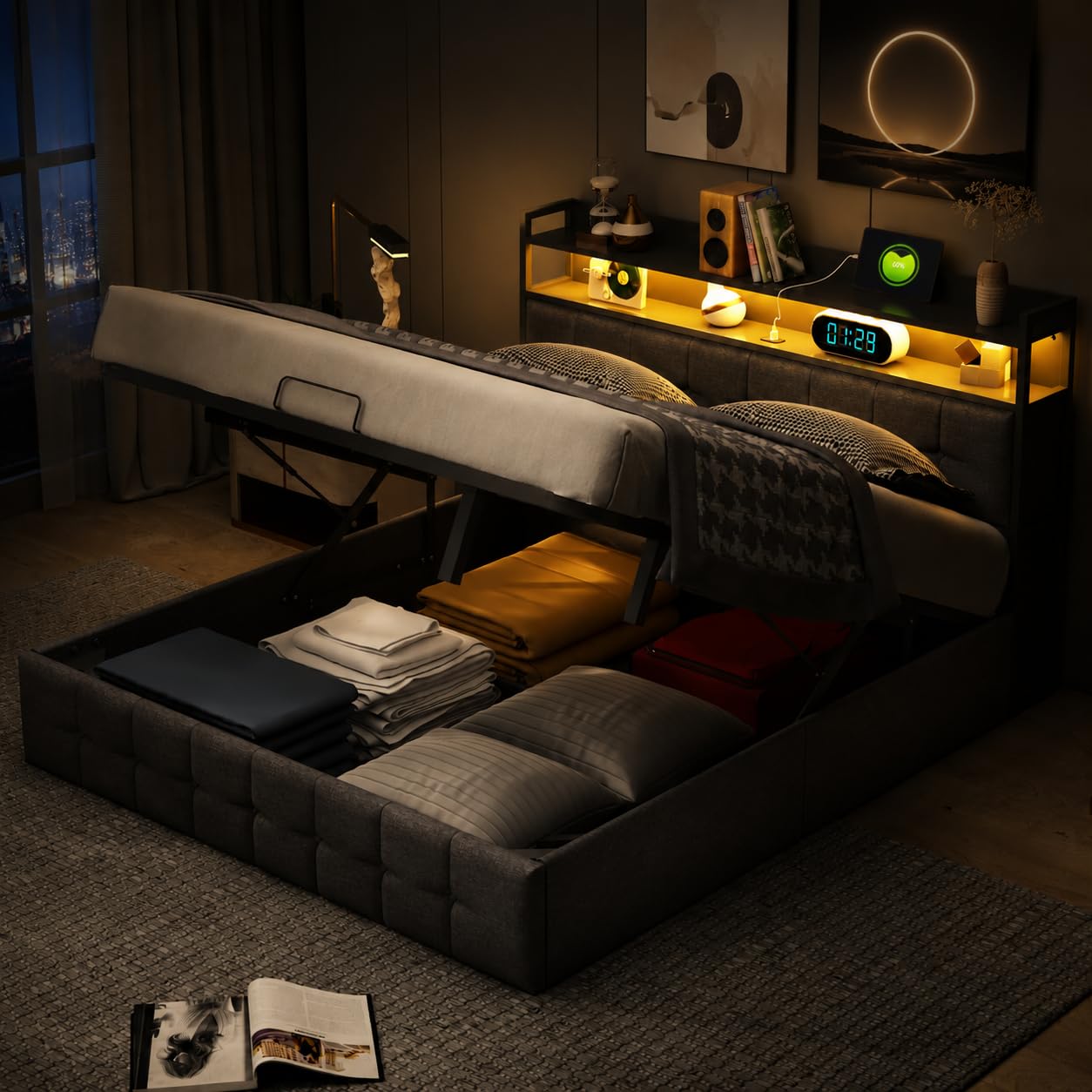 Łóżko podwójne ze schowkiem 140 x 190 cm, łóżko tapicerowane z diodami LED, łóżko kontenerowe z gniazdem USB, łóżko podwójne z miejscem do przechowywania z tapicerowanym zagłówkiem (szary + len-B)