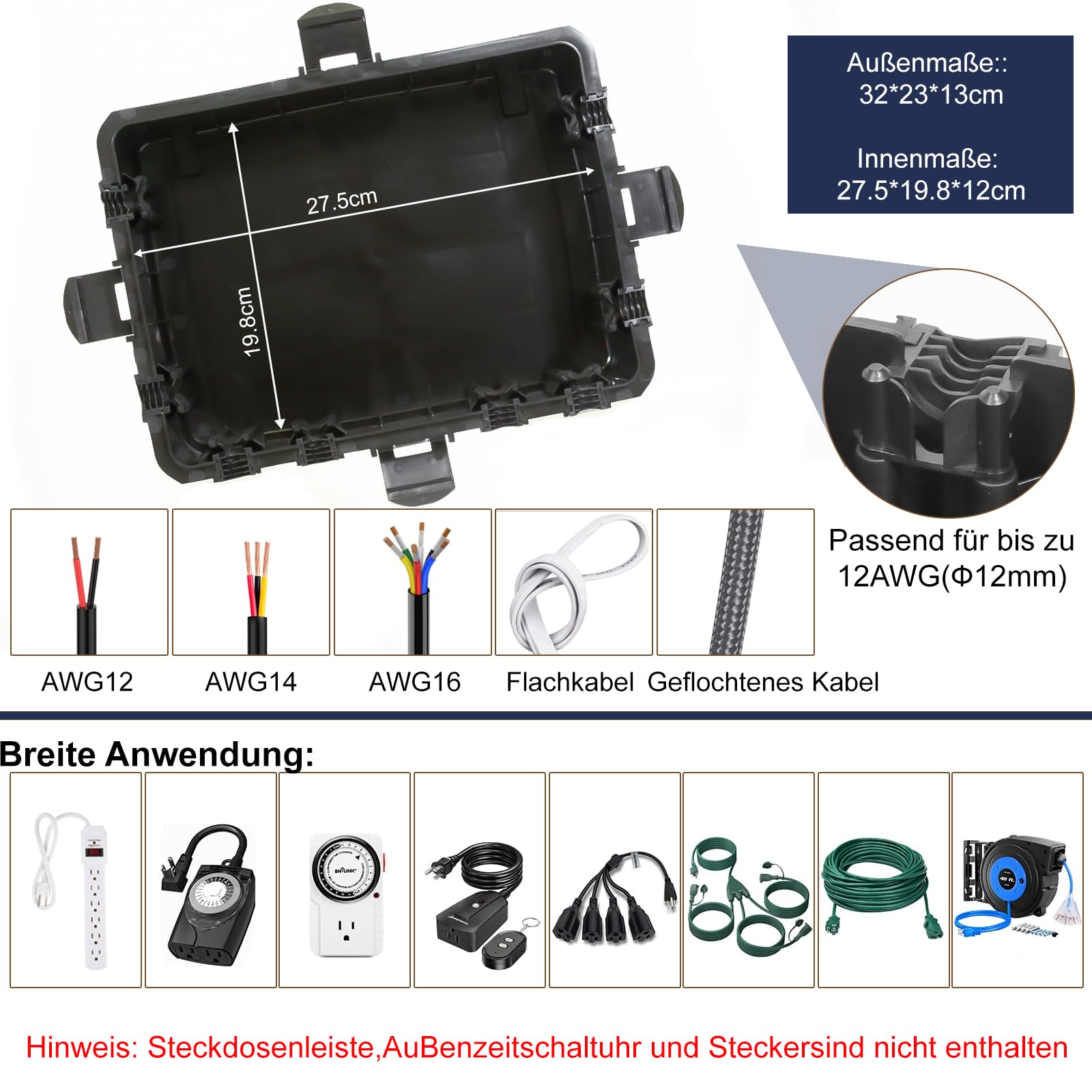 Große wasserdichte Kabelbox für den Außenbereich, wetterfeste Außensteckdose, IP54-geschützte Steckdosenleiste, Timer-Steckdose, Außenstecker, Verlängerungskabel (31 x 23 x 13 cm) - Schwarz