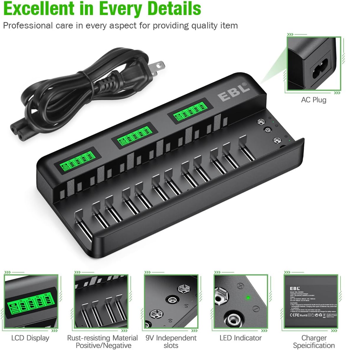 EBL 12+2 Bay Universal Rechargeable Battery Charger with Rechargeable Batteries Combo