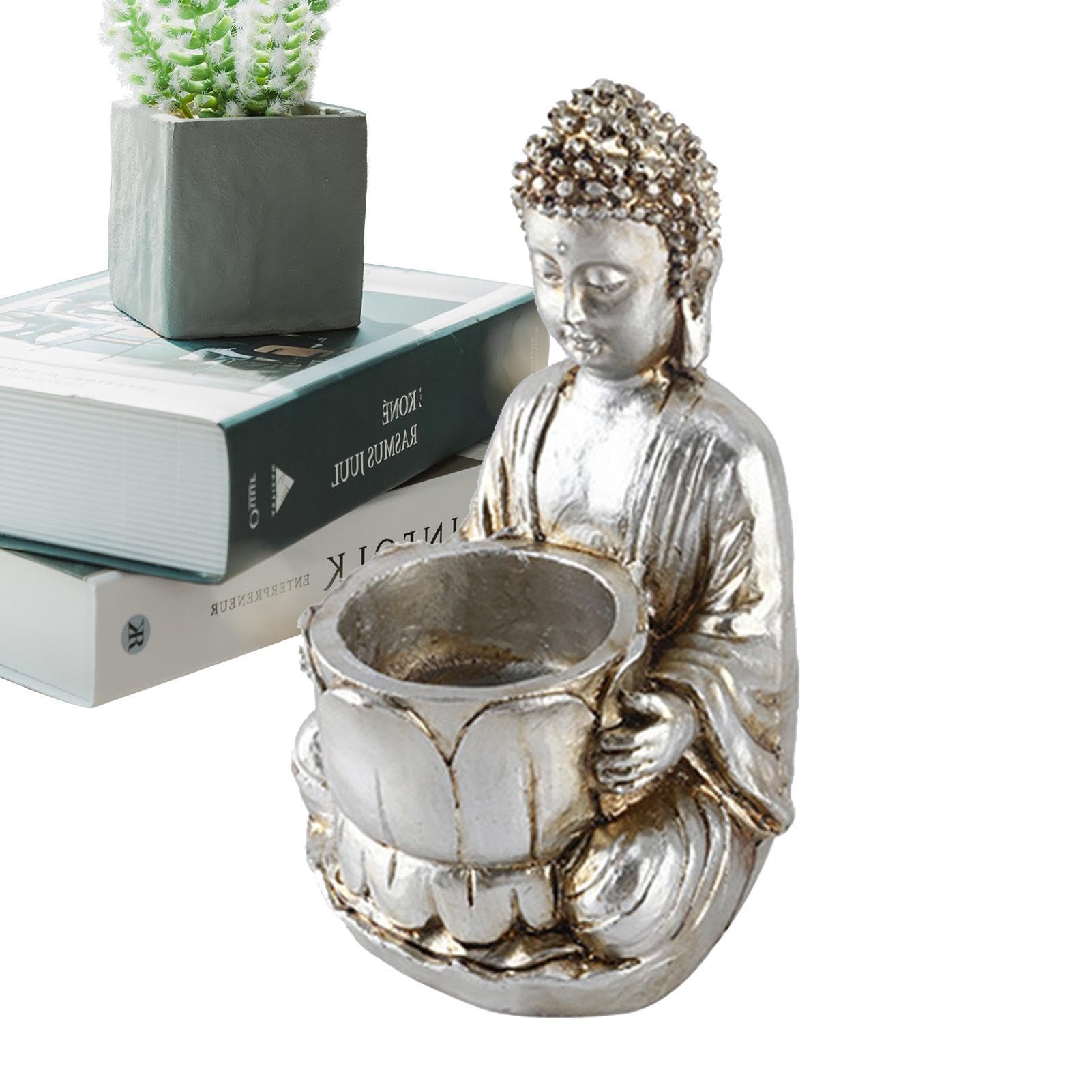 Cypreason Silver Buddha Tea Light Candle Holder Statue | Resin Tea Light Holder, Meditating Buddha Figurine - Meditation Candle Praying Buddha Decoration For Home, Garden, Patio, Indoor And