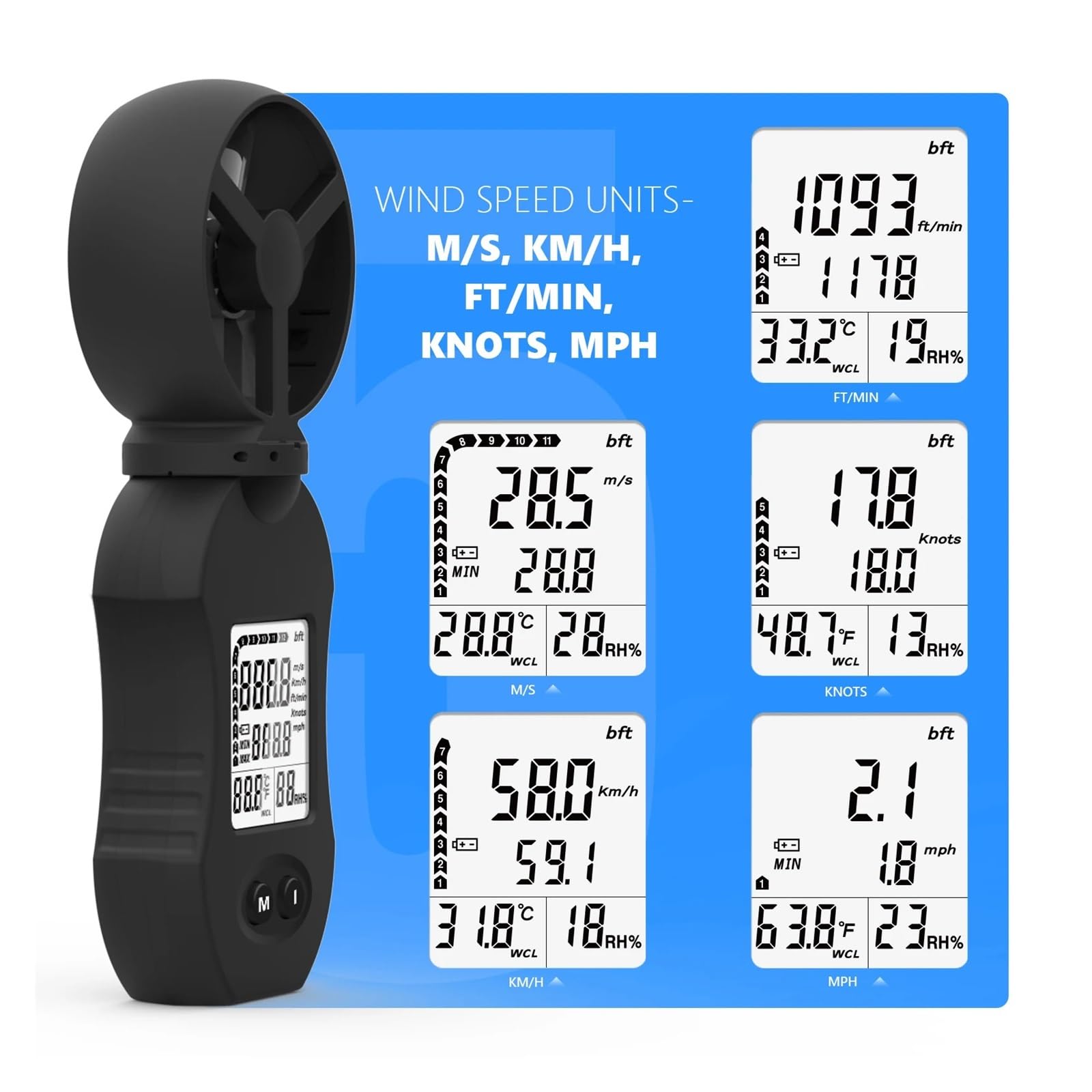 Anemómetro Portátil, Medidor digital de velocidad del viento, anemómetro de mano con retroiluminación LED, selección de unidad, apto for viento, temperatura y humedad.