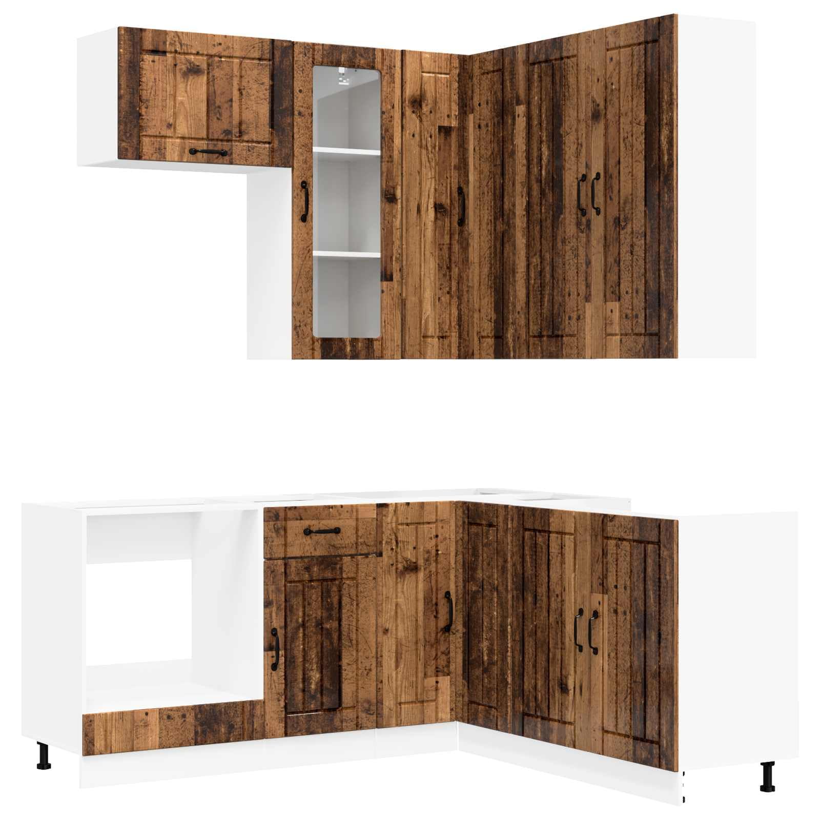 Küchenzeile Komplett Lucca 8-teilig, Einbauküche in Altholz-Optik aus Holzwerkstoff, Küchenblock mit Hängeschrank und Eckunterschrank, Moderne Küchenmöbel