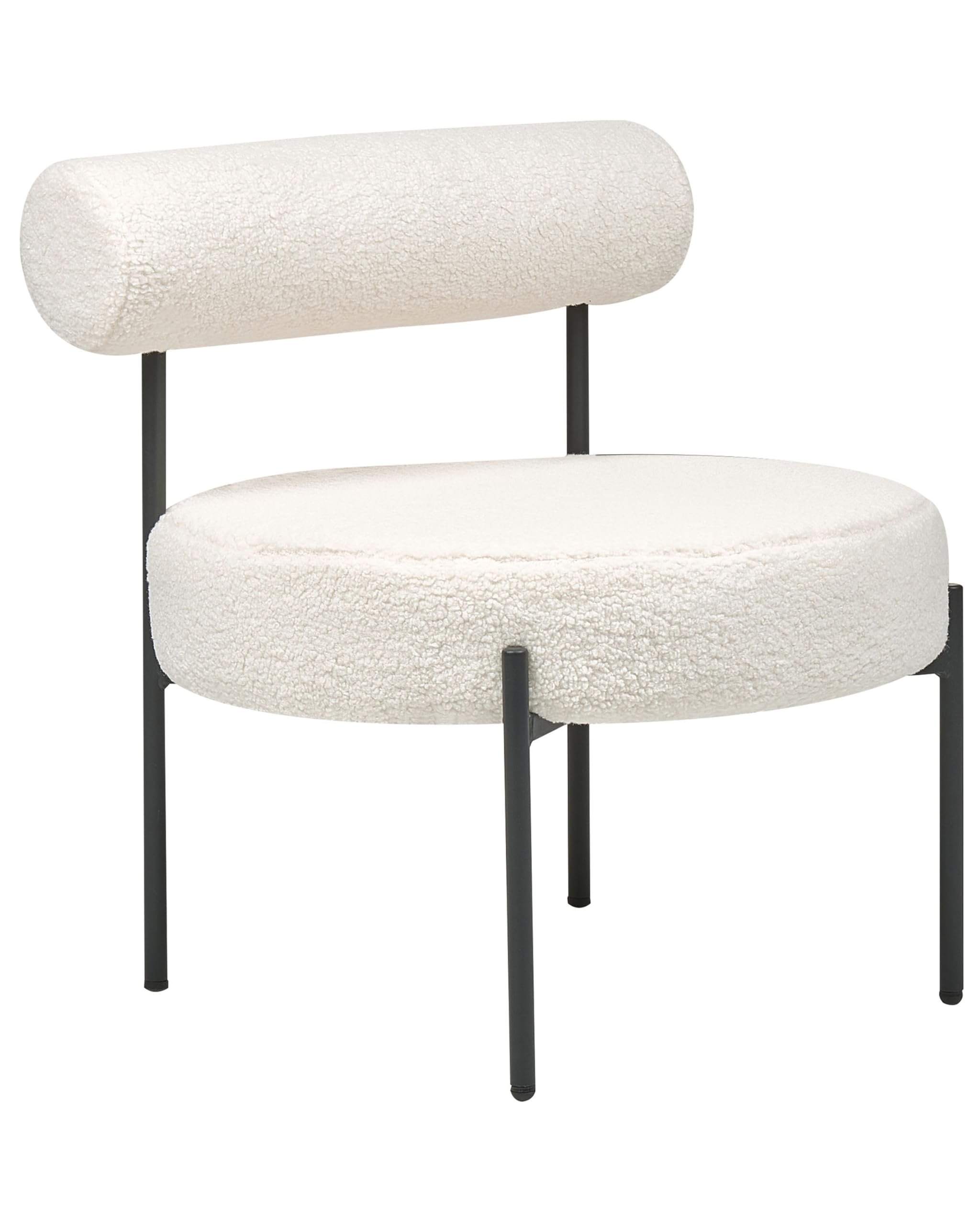 Sessel rund Bouclé weiß niedrige Lehne schwarze Metallbeine Retro Alpha