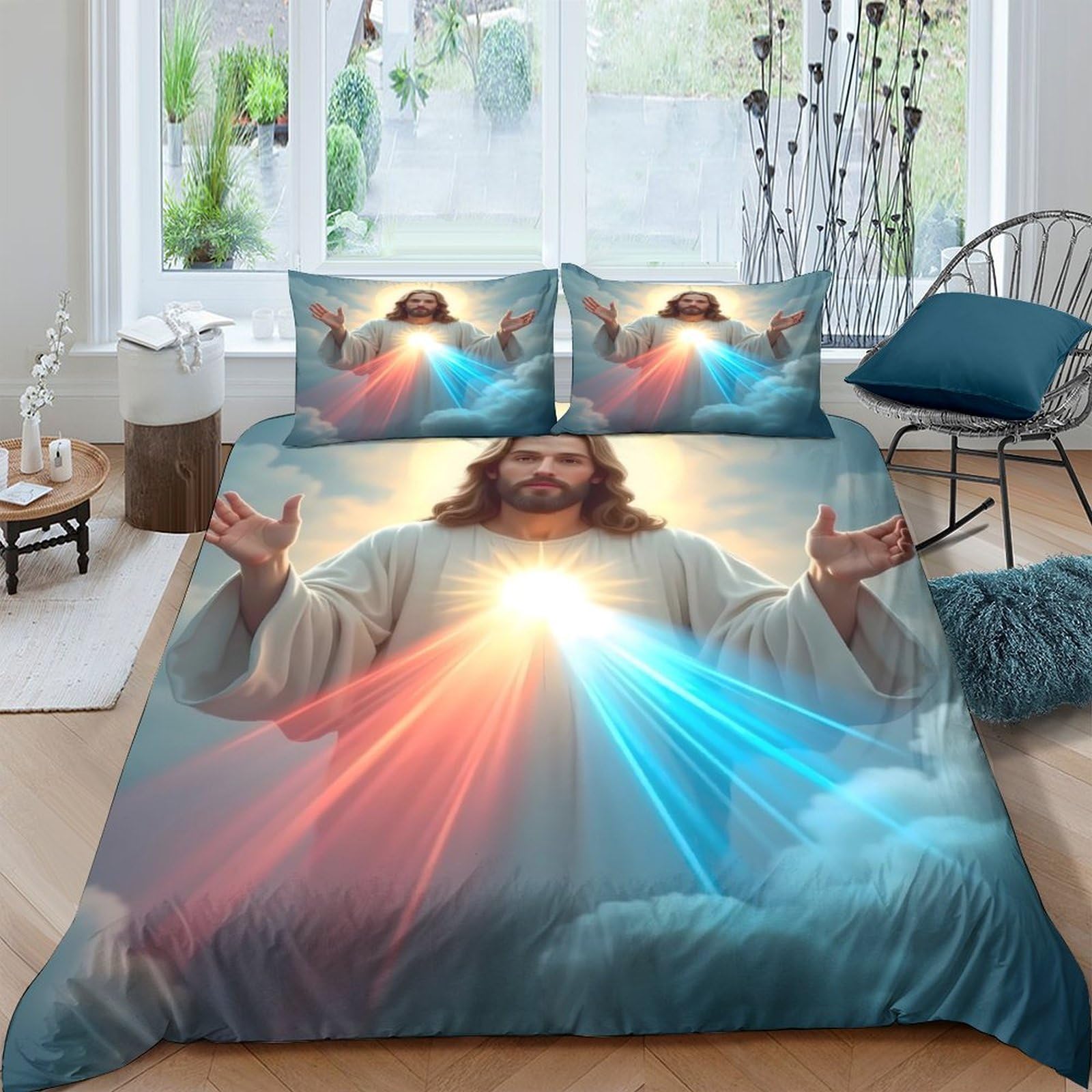 Ctjqhvkz Style-7 3D Printed Jesus Light Fitted Sheet Microfiber Soft Breathable Divine Aura Bed Cover For Bedroom Guest Room Mattress Decor Single（135X200cm）