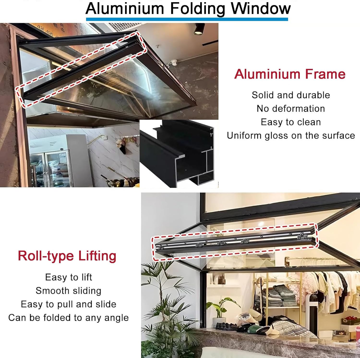 Aluminum Frame Up Down Foldable Sliding Windows, Mobile Home Windows with 5mm Tempered Glass with Locking Handle, Roll-up Type Serving Windowfor Shop Home Decorate (36.3 * 36.3IN Black)