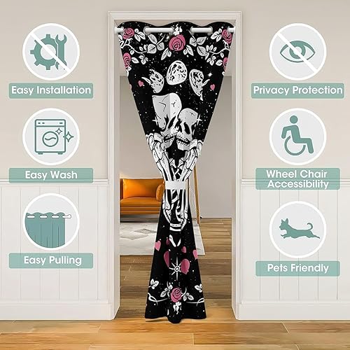 Miniatura 3 de Cortina opaca romántica de esqueleto, 1 panel de 34 pulgadas de ancho x 80 pulgadas de largo, cortina bohemia de puerta con diseño de sol y luna