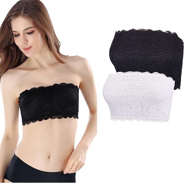 Women's Floral Lace Strapless Bras Backless Bars Invisible Bandeau Top Modesty Panels for Low Cut Tops Seamless Tube Top Cleavage Cover Up for Dresses Bralettes for Women(S-M) Black