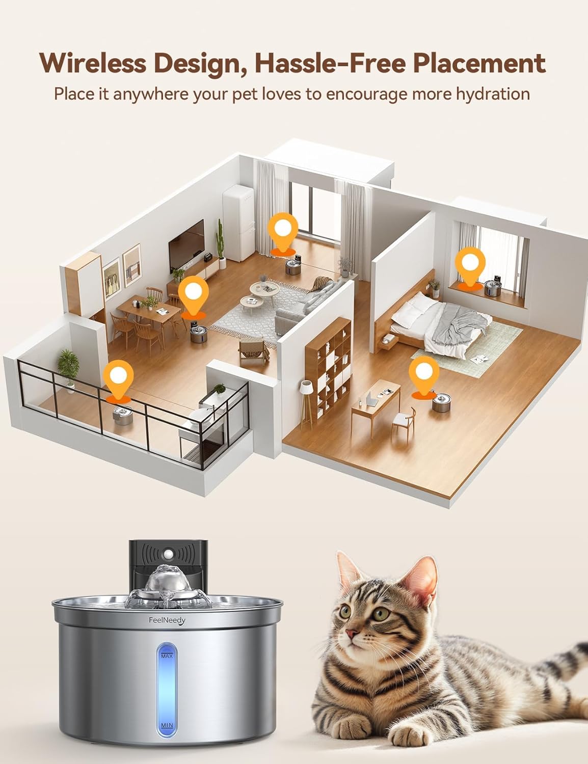 Wireless Cat Water Fountain - Safe Water-Electricity Separation, 3.5L Stainless Steel, XL Filter for Less Replacement, 4000mAh Battery, Motion Sensor & Ultra-Quiet Pump - FEELNEEDY - Image 4