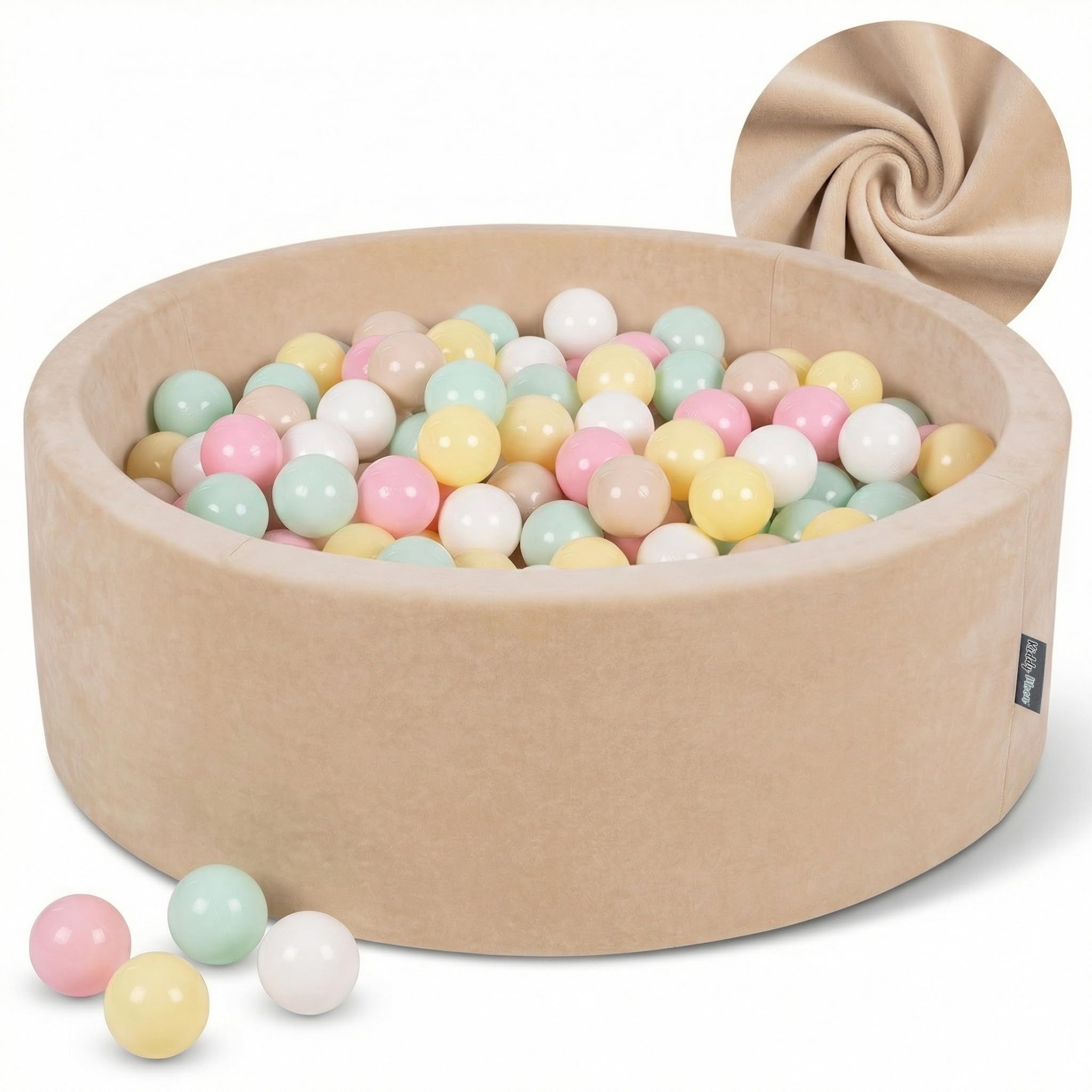 KiddyMoon Soft Ball Pit Round 90X30cm/300 Balls ∅ 7Cm/2.75In For Kids, Foam Velvet Ball Pool Baby Playballs, Sand Beige:Pastel Beige/Pastel Yellow/White/Mint/Light Pink — image 1