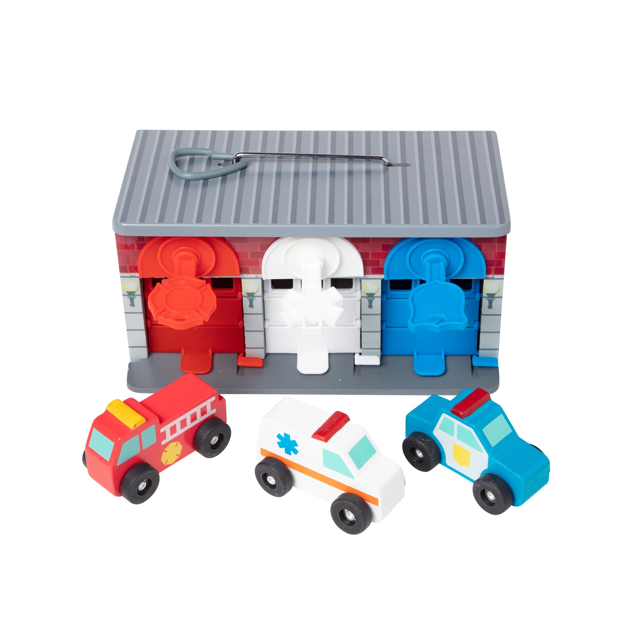 Melissa & Doug - Spielzeug Garage mit Schlüsseln und Rettungsfahrzeugen aus Holz, 7-teilig, für Kinder ab 3 Jahren