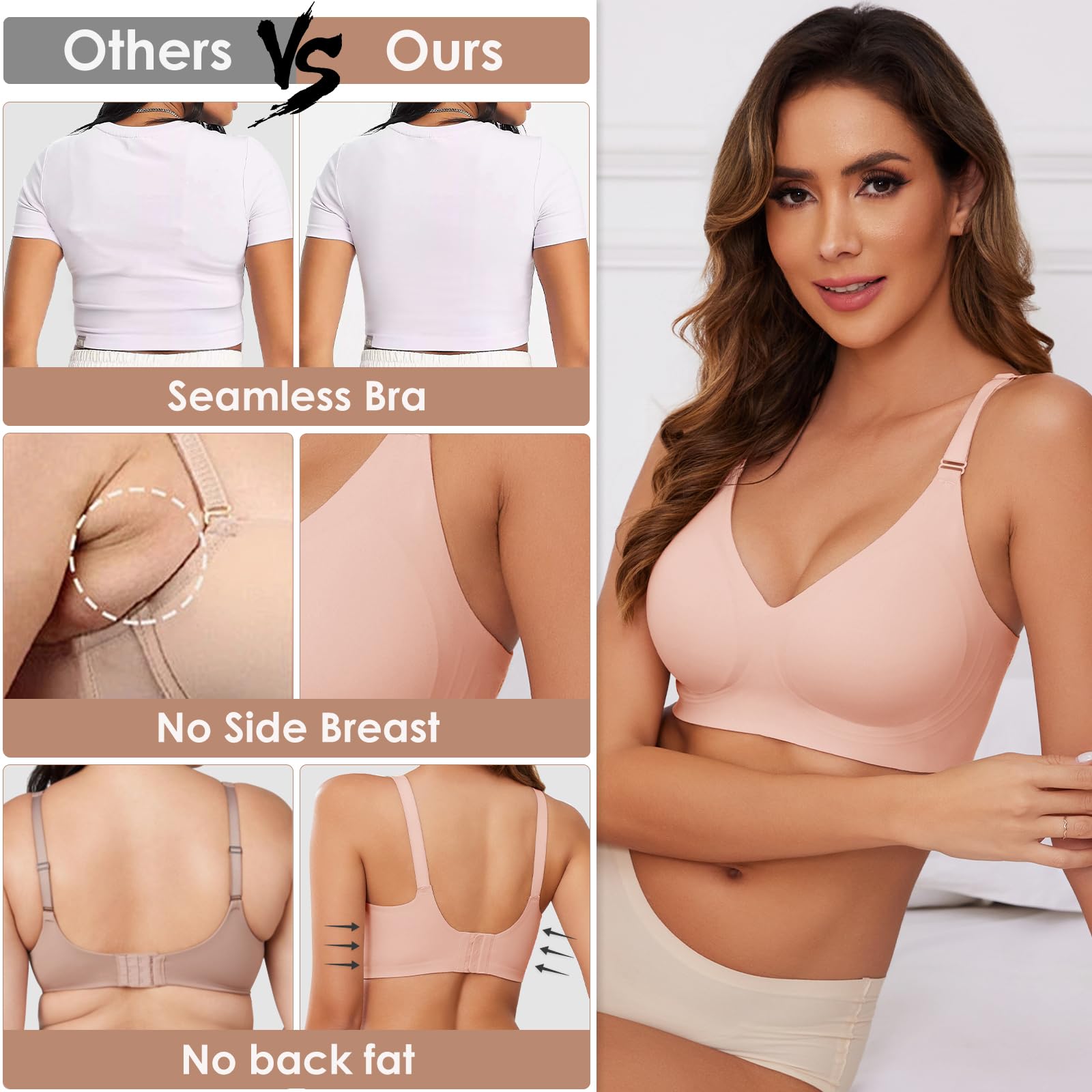 TOMEEK Reggiseno Senza Ferretto da Donna, Cuciture Comodo Reggiseno Scollo a V Bustino con Imbottitura Comfy Bralette Seamless Cinghie Regolabili Base Top Corsetto