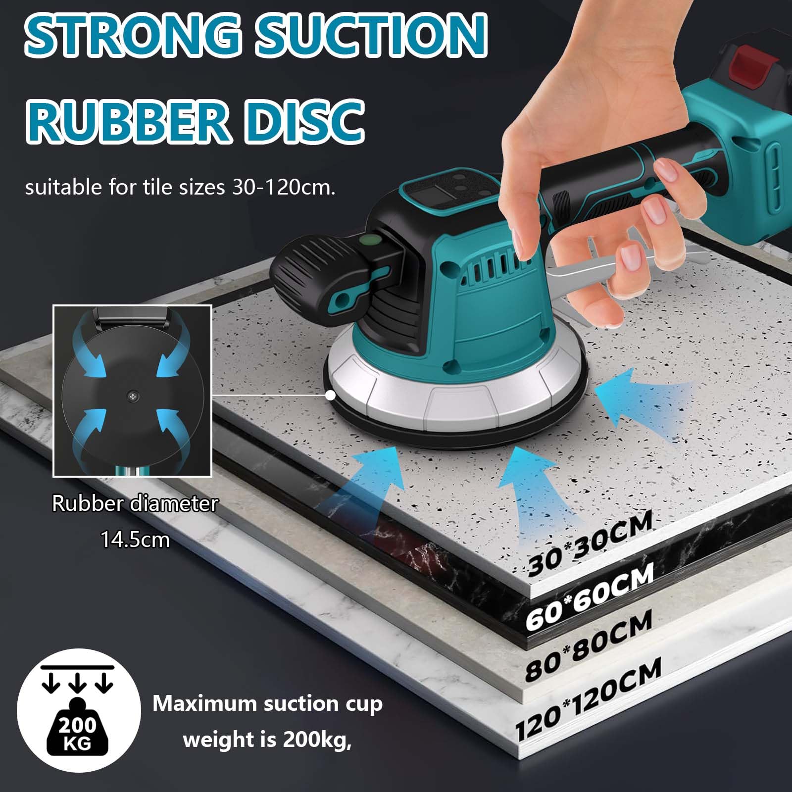Akku Fliesenrüttler, Elektrische Fliesenvibrator Kompatibel mit Makita 18V Akku, Fliesenleger Maschine mit 10 Gänge Einstellbar,14,5cm Saugnapf, Automatische Nivellierung, 200KG Adsorption,Ohne Akku