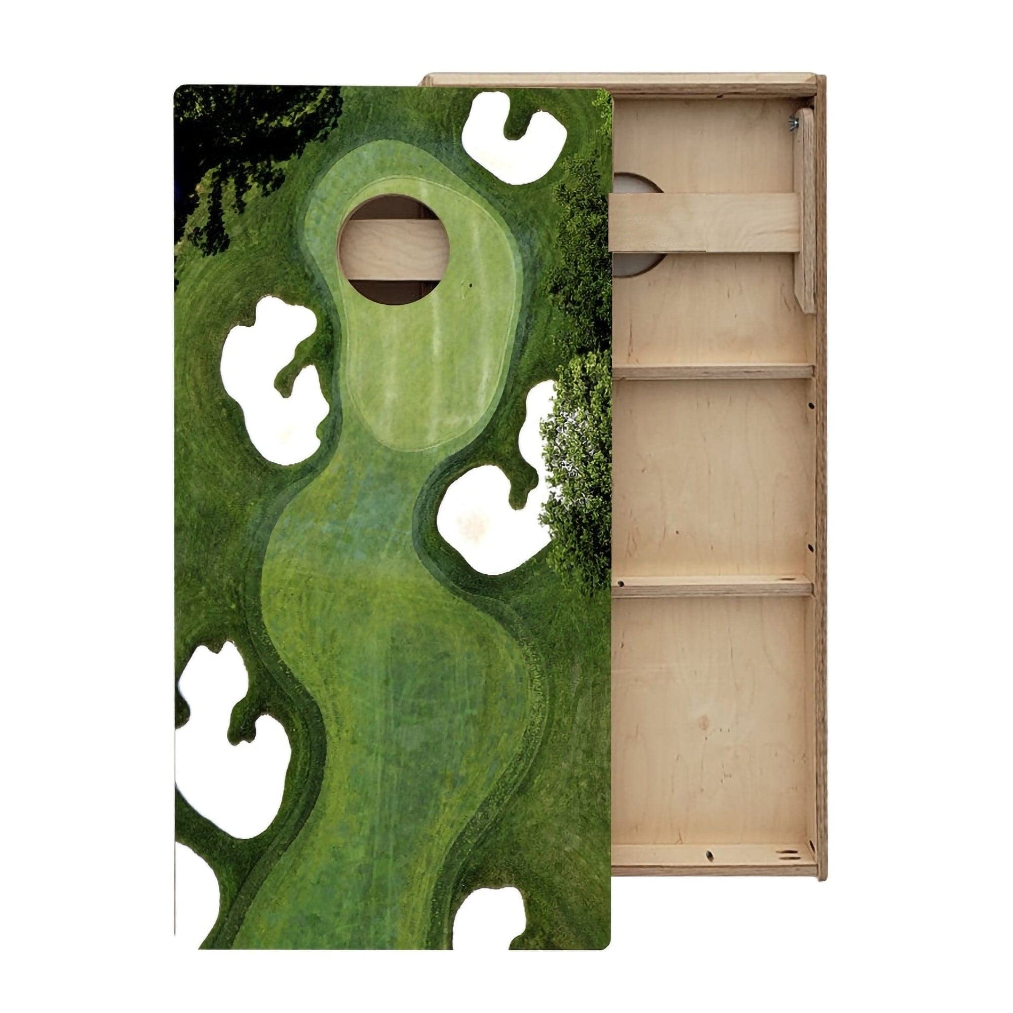 Skip's Garage Golf Course Themed All-Weather Cornhole Boards - Includes (2) Boards (Resin Bags) + (1) Carry Case, (2) Hole Lights & (2) Edge Lights
