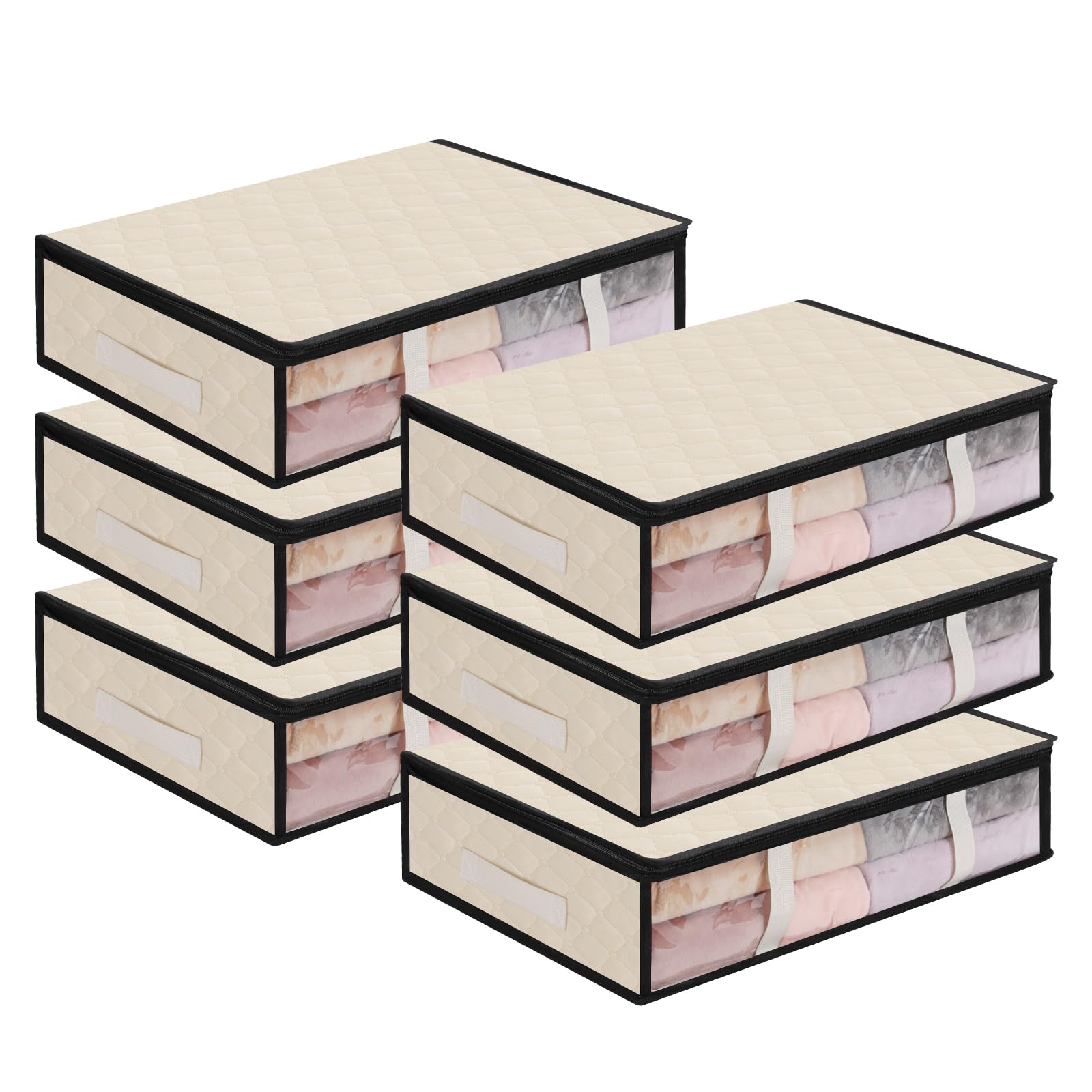 AiQInu Underbed Storage Boxes, 6 Pieces Under Bed Organizer with Observation Window and Handle, Space-Saving Foldable Wardrobe Organizer for Clothes Blankets Duvets