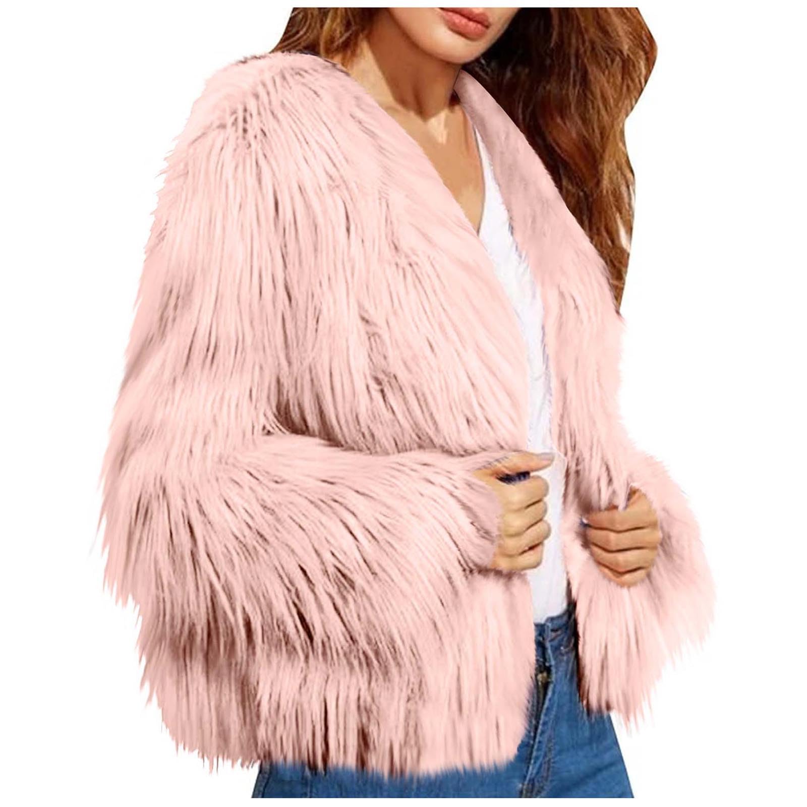 Womens Faux Fur Coat Winter Jacket Crew Neck Open Front Cardigan Warm Furry Shawls Plush Warm Cardigan Thermal Thick Fur Coats Cropped Luxious Outwear for Wedding Party Causal