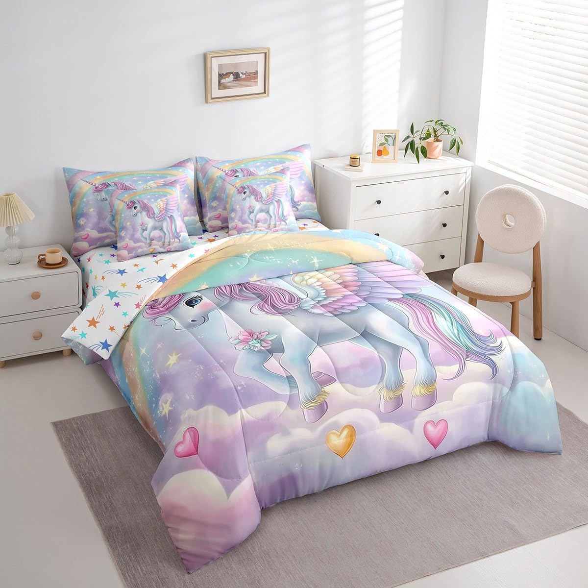 7 Piece Unicorn Girls Bed in a Bag Queen Size Rainbow Unicorn Bedding Sets Galaxy Stars Fantasy Decor Comforter Set with Sheets Kawaii Unicorn Bed Set for Boys Kids Blue Purple Gradient Sheets