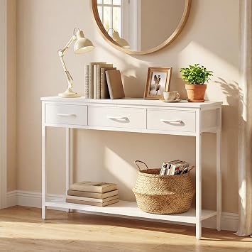 MAHANCRIS Console Table with 3 Fabric Drawers, Narrow Console Table with Open Shelf, 97 cm L Slim Entryway Table, Couch Table, for Hallway, Living Room, Bedroom, White ACTWT3301