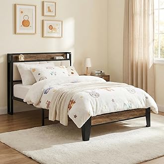 Twin Bed Frames, Storage Headboard with Charging Station, Solid and Stable, Noise Free, No Box Spring Needed, Easy Assembly (Walnut and Beige)