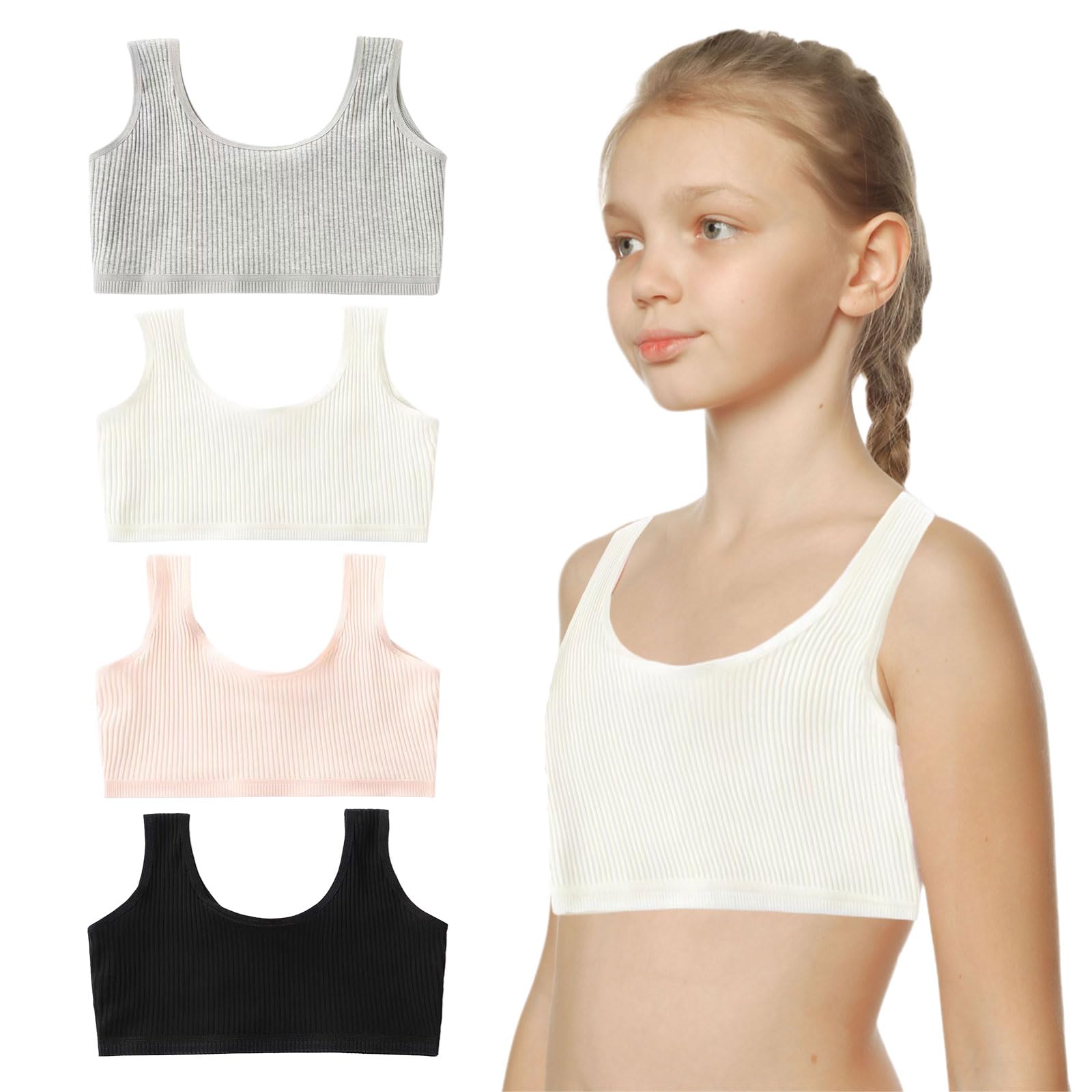 Sujetador Niña Algodón Top Deportivo Ropa Interior Entrenamiento 7-12 años 4 Piezas