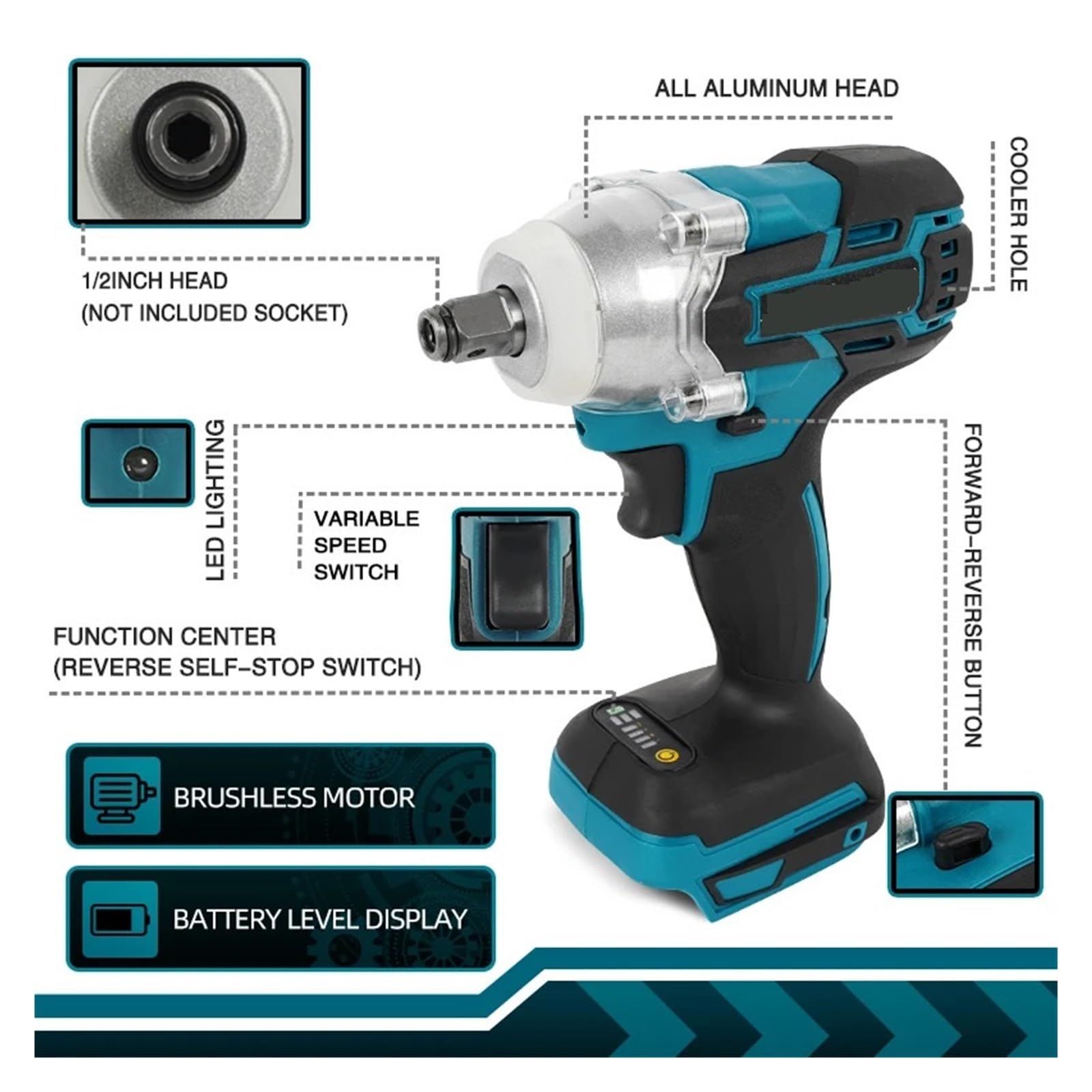 Klucz udarowy Bezszczotkowy Elektryczny Klucz Udarowy Akumulatorowy Klucz Udarowy 1/2 Cala Elektronarzędzia Kompatybilne Z Akumulatorem 18 V(Blue)