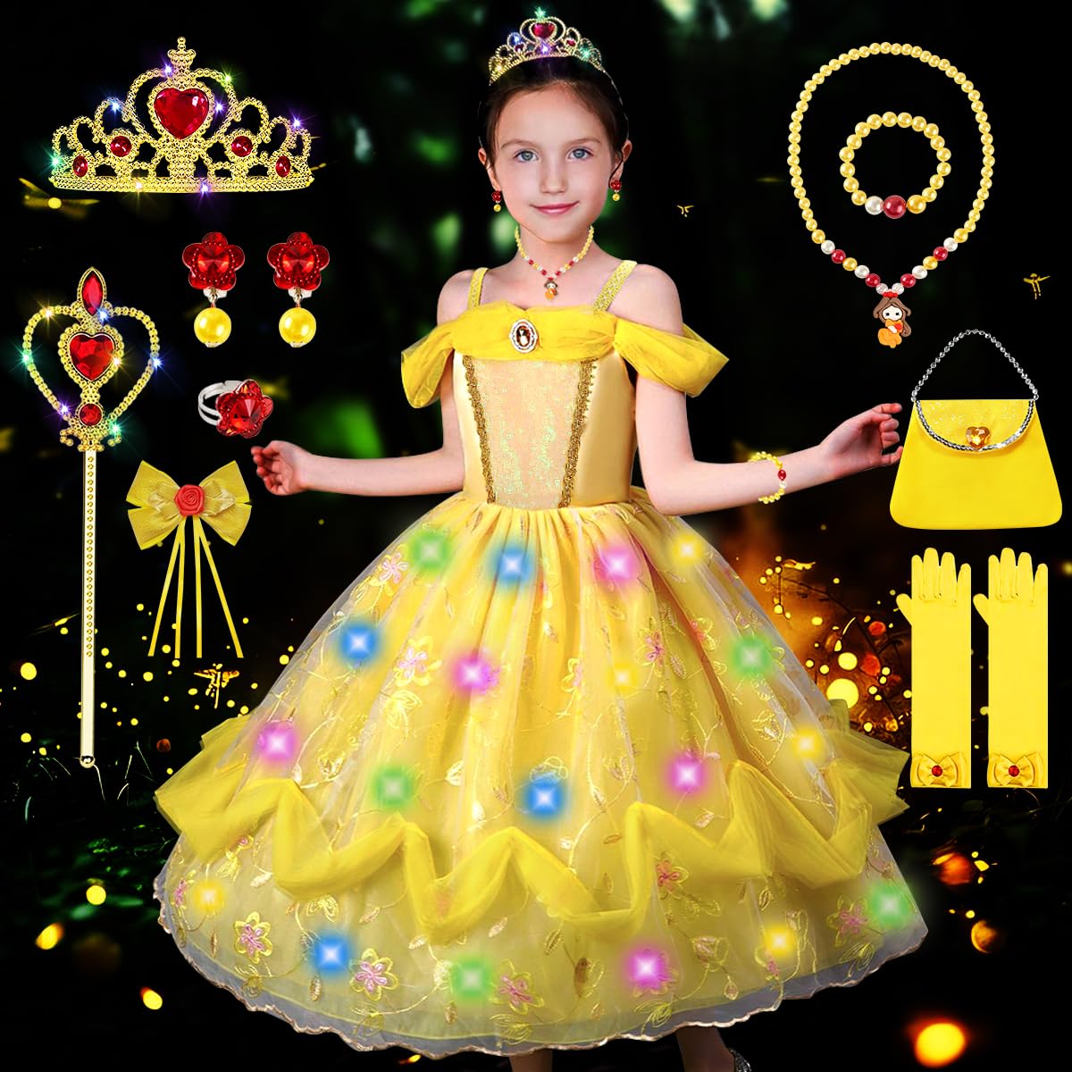 COYBTO Princess Costumes for Girls, Light Up Belle Cinderella Rapunzel Dress  Up for Girls with Luminous Crown Necklace Sets, Belle Princess Dress, Kids  Fancy Dress for Carnival Party - BigaMart