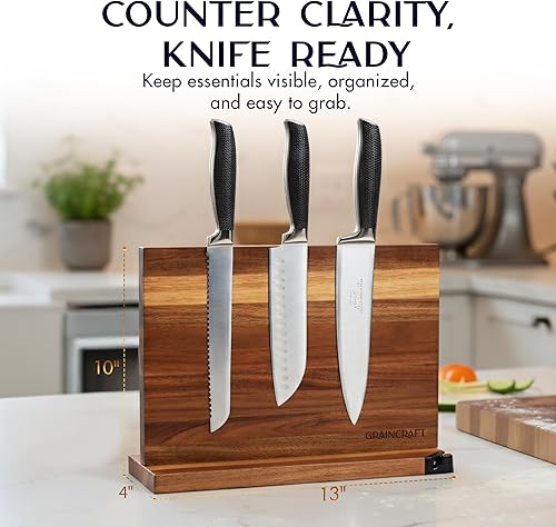 Miniatura 3 de Bloque magnético para cuchillos con afilador, soporte magnético para cuchillos de encimera, 3 soportes magnéticos de doble cara, base
