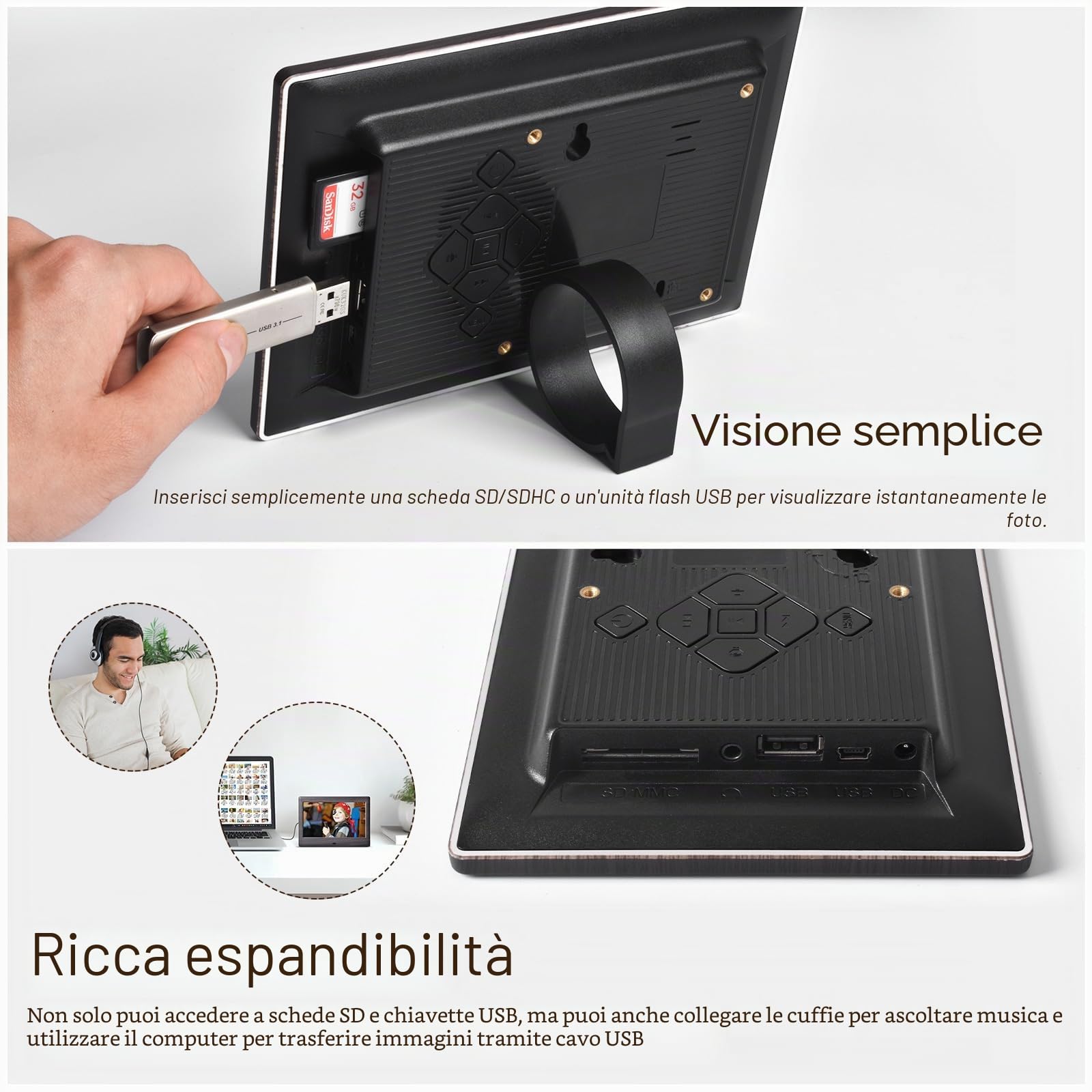 KODAK Cornice digitale da 7 pollici, con schermo IPS, lettore foto/musica/video/calendario/allarme, supporto USB o scheda SD, rotazione automatica, con telecomando