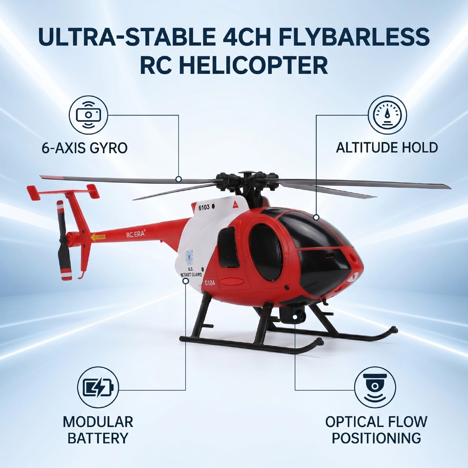 Elicottero RC a 4 canali, elicottero radiocomandato in scala 1:48, aereo Flybarless 2.4G con ottica giroscopica a 6 assi, posizionamento dell'altezza, avvio e atterraggio con un pulsante