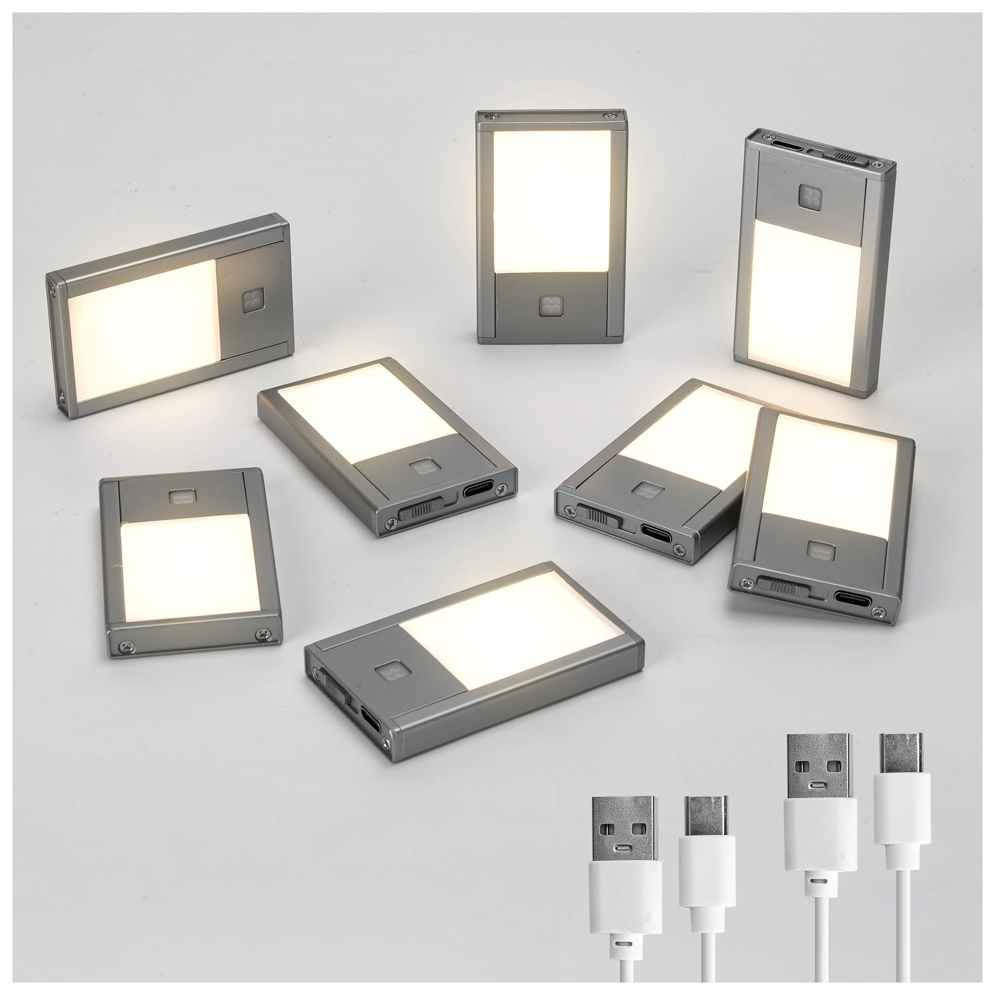 V4light Rechargeable Motion Sensor Night Lights, 8-Pack - Painted Grey Aluminum Alloy, Ultra-Compact Magnetic Mount, 3000K Warm White Glow, Ideal for Hallways, Bedrooms, Stairs & Nightly Use