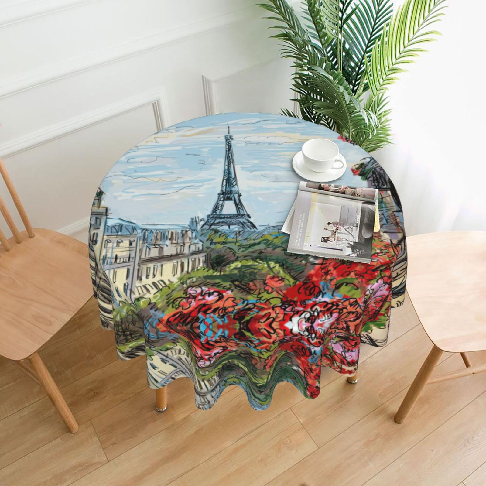 Zcmkjlg Street in Paris Town Print Quick Ship Round Tablecloth 60in Polyester Washable Cover for Dining Room