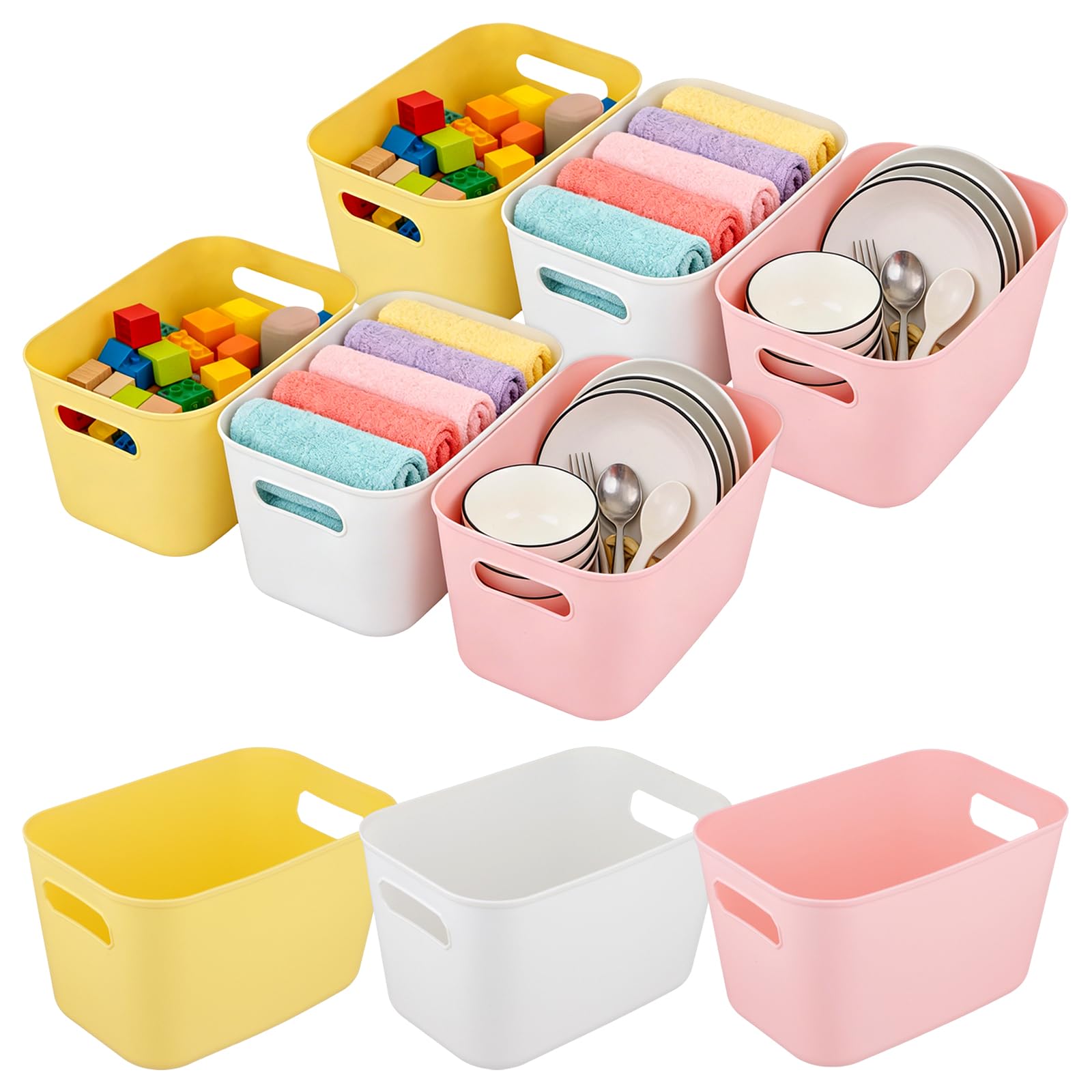 CHIHEUNG 9PCS Plastic Storage Boxes, 6L Small Colorful Storage Baskets with Handles, Stackable Cupboard Organiser Box for Kitchen, Office, Bathroom, 25.5x16x15cm