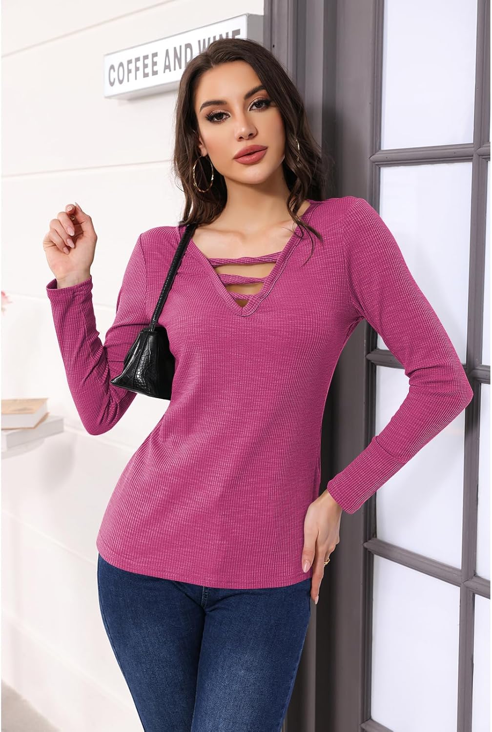 Poetsky Women's Casual V Neck Criss Cross Shirts Long Sleeve Tunic Tops Ribbed Knit Slim Fitted Tee - Image 2