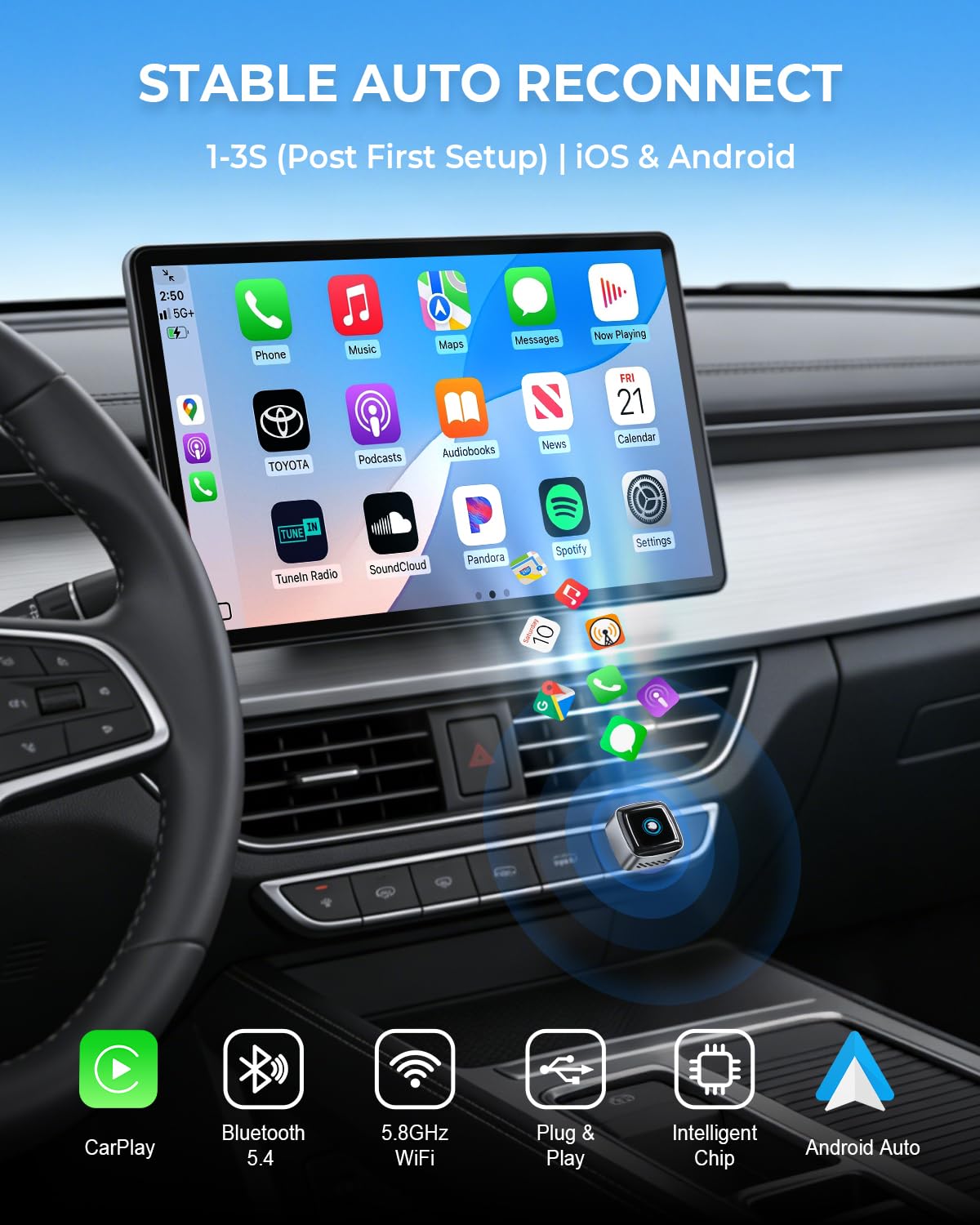 Wireless CarPlay Adapter & Android Auto Wireless Adapter,2-in-1 Plug & Play Fast Connect,Low Latency Mini Dongle, 1-Click Switch, Ultra-Stable & Compact for Apple iOS 10+ /Android 11+ /2016+ Cars - 4