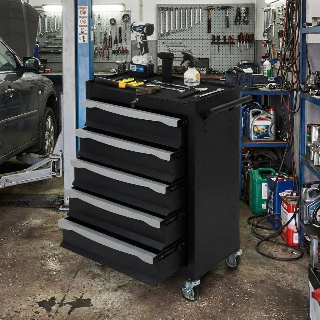 Photo 1 of ** DENTS/BENDS**SierraSquad 5-Drawer Rolling Tool Chest with Lock, Tool Cabinet on Wheels, Includes Drawer Liners, Latch System & Link Buckle,Can Be Combined to Large Cabinet Set for Garage Workshop Storage, Black