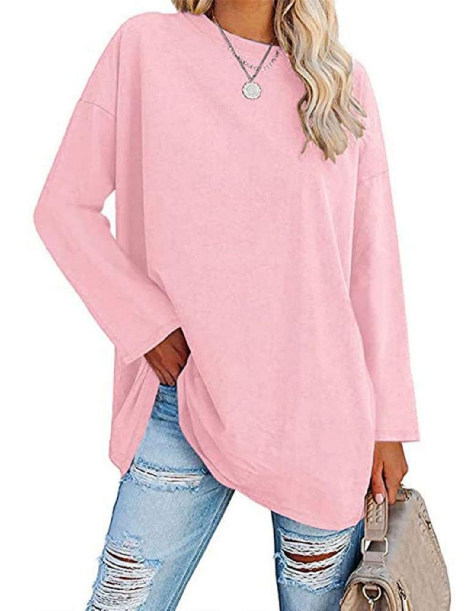 LARMLISS Women Oversized Crew Neck T-Shirts Loose Long Sleeve Tunic Top 2024 Comfy Cozy Cotton Lounge Tees